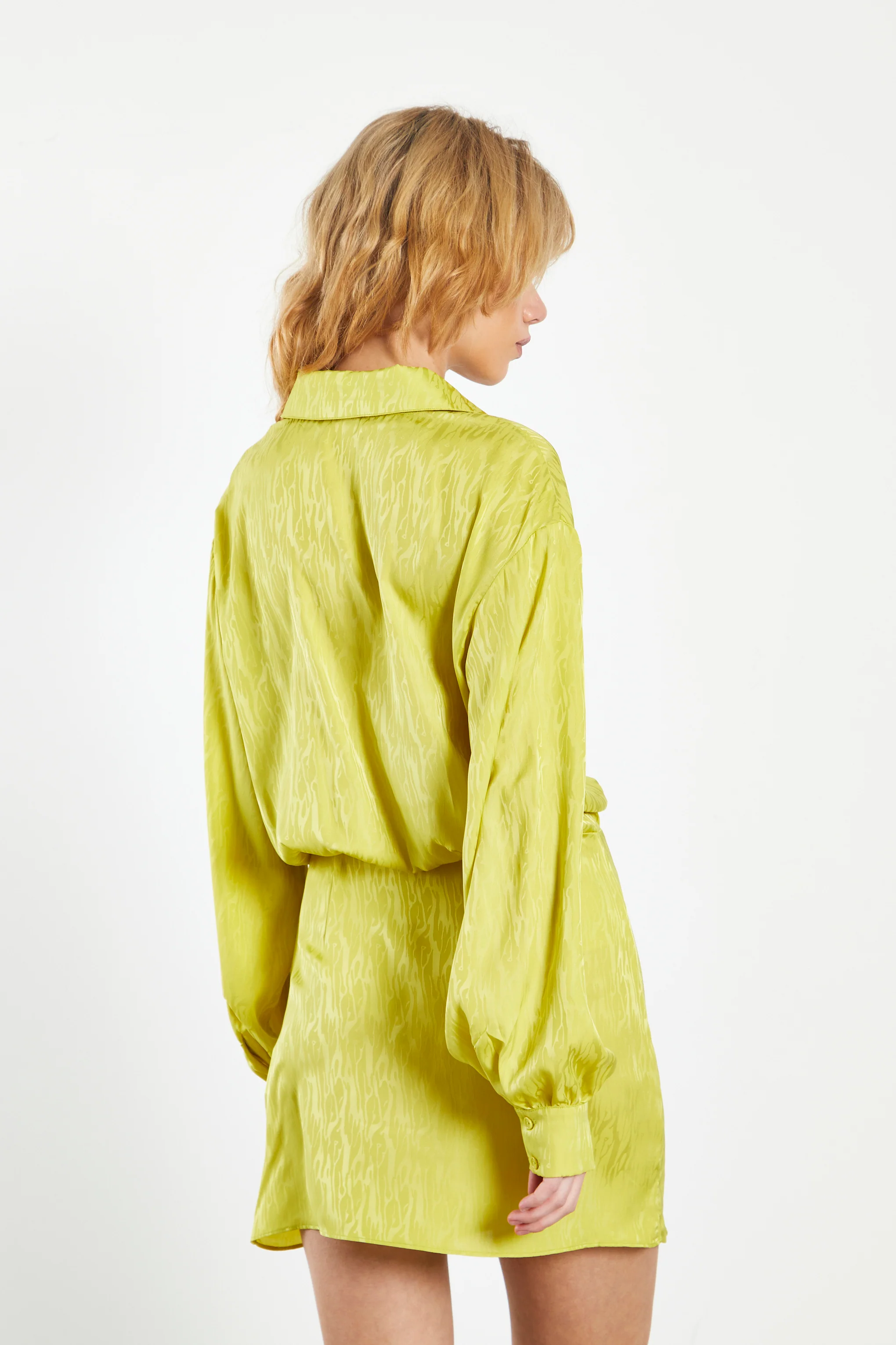 Glamorous Lime Satin Jacquard Tailored Mini Shirt Dress - Image 2