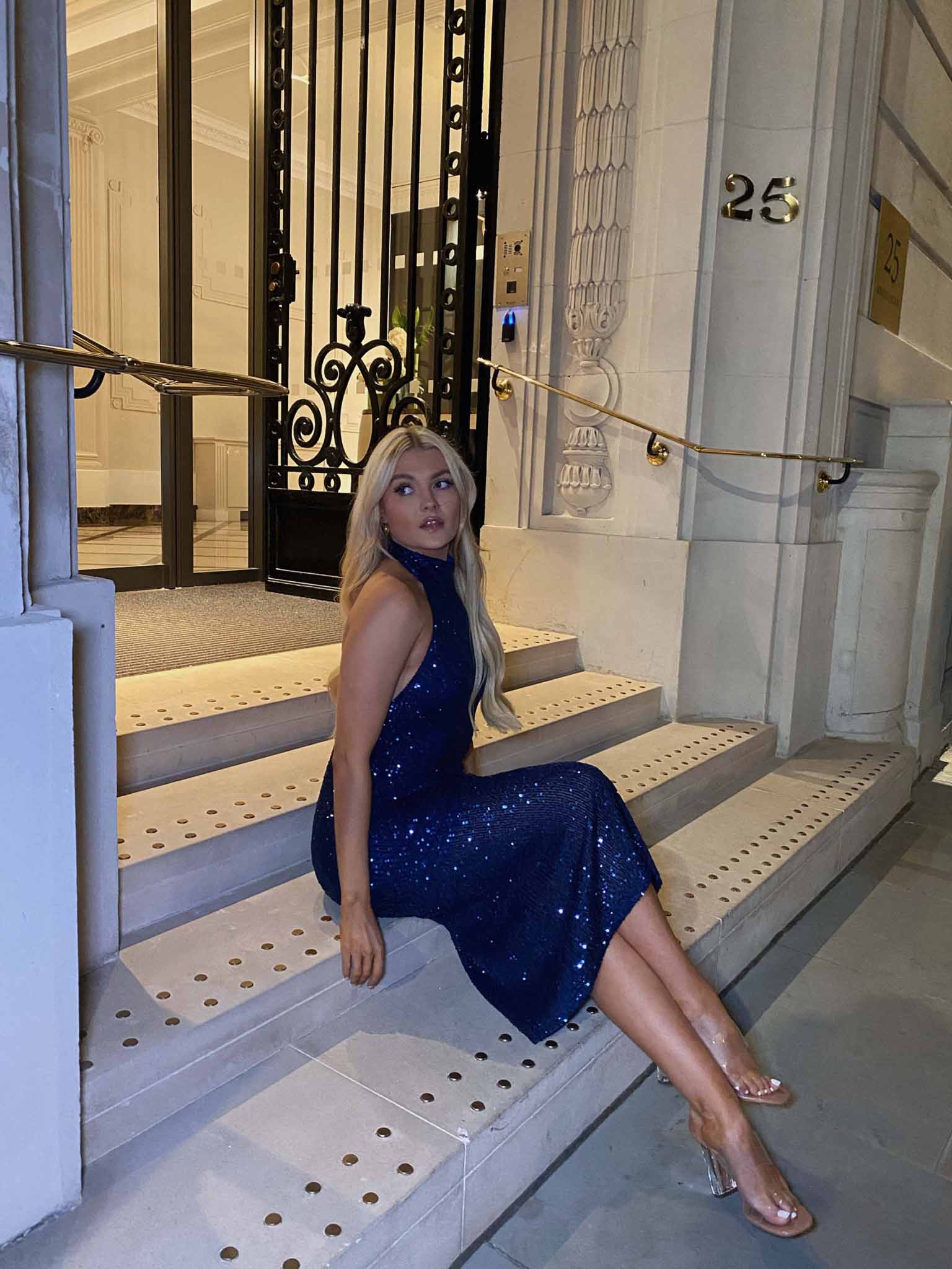 Glamorous Navy Peony Sequin Halter Neck Midi Dress - Image 3