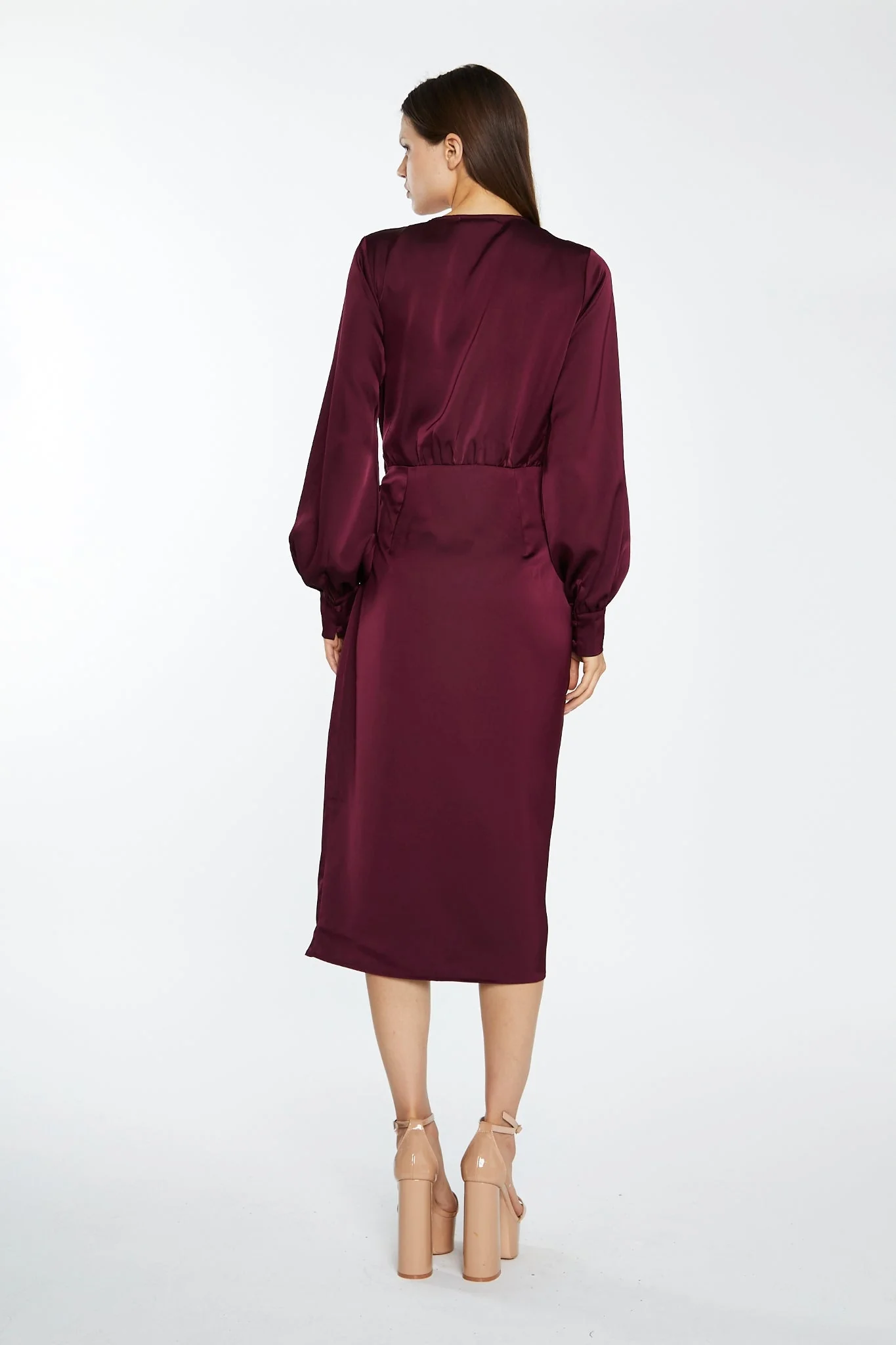 Deep Burgundy Satin Long-Sleeve Wrap Midi-Dress - Image 2