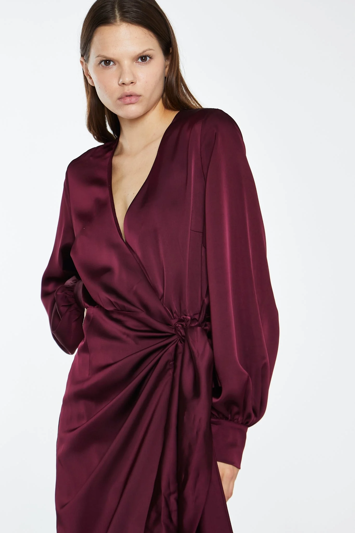 Deep Burgundy Satin Long-Sleeve Wrap Midi-Dress - Image 3