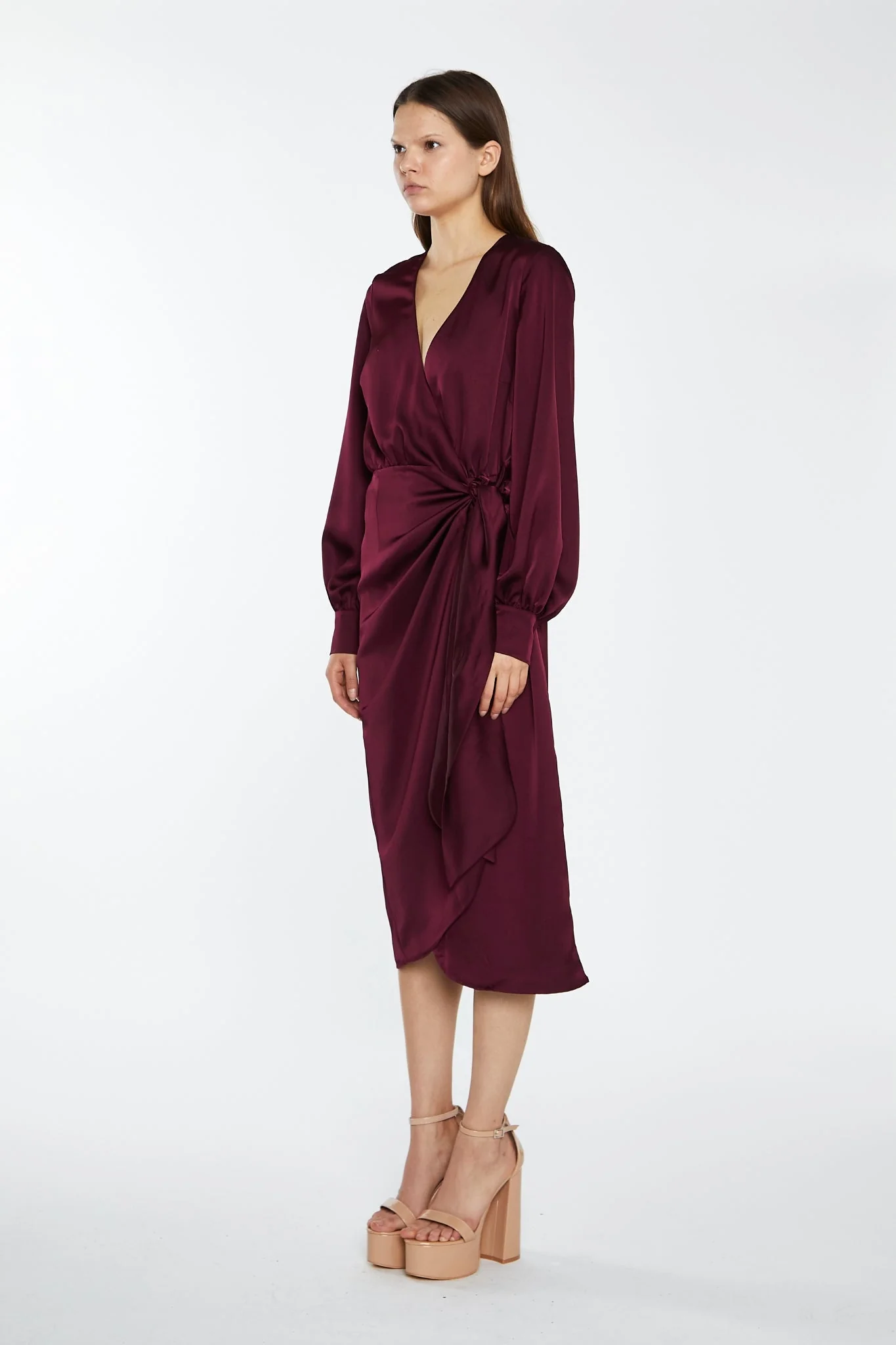 Deep Burgundy Satin Long-Sleeve Wrap Midi-Dress - Image 4
