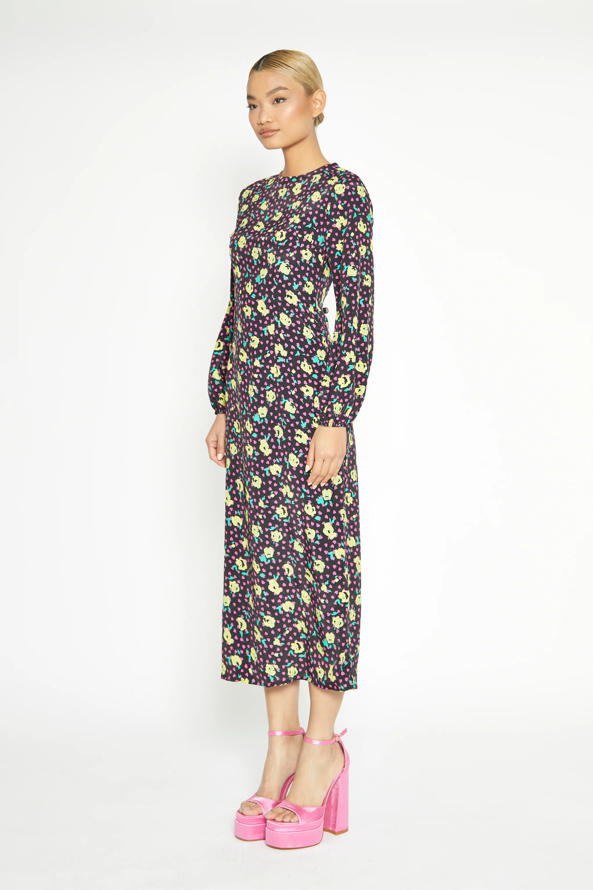 Glamorous Black Multi Rose Long Sleeve Midi Dress - Image 4