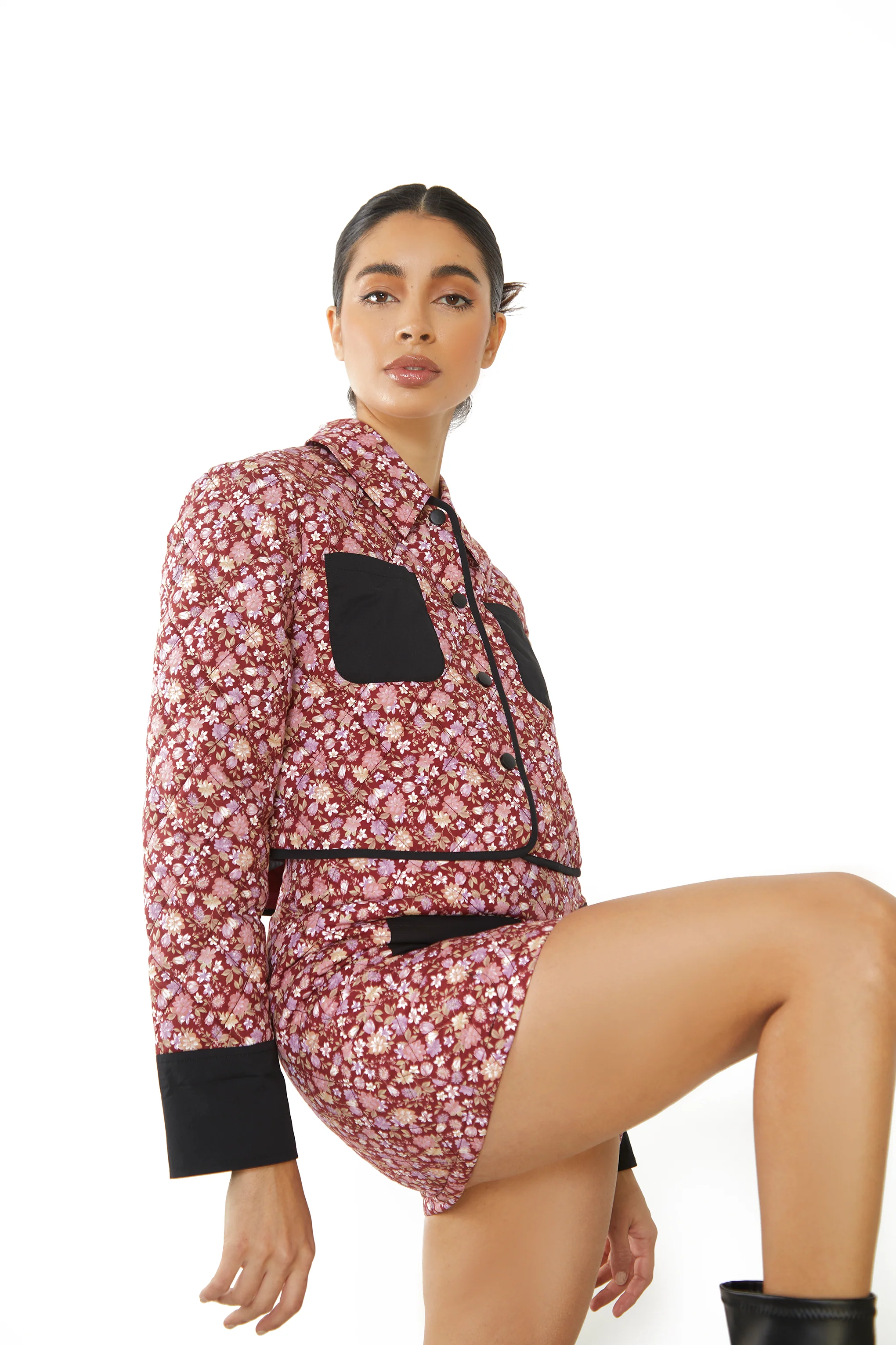 Glamorous Burgundy Chintz Black Button Front Padded Crop Jacket - Image 3