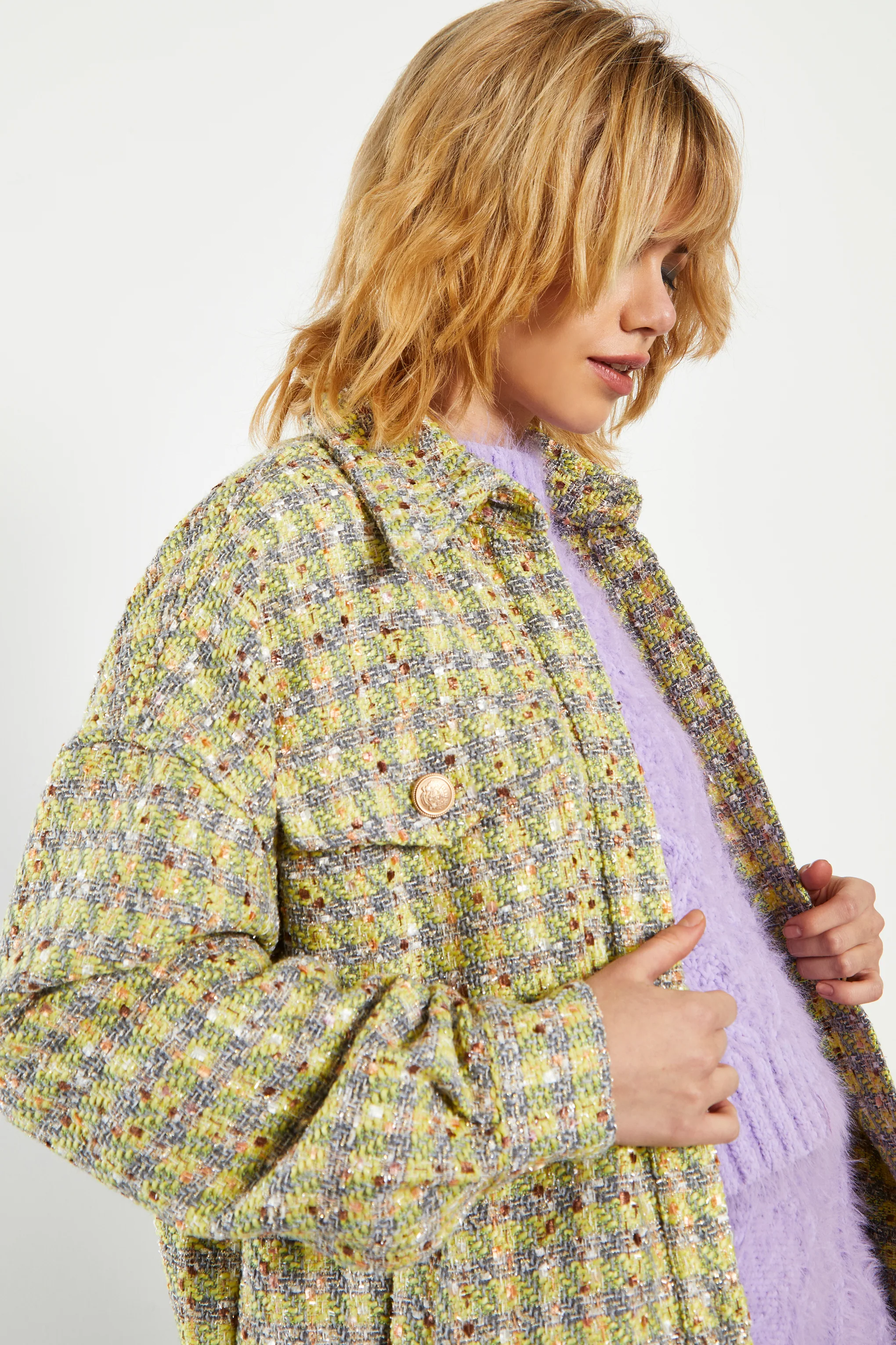 Glamorous Yellow Grey Check Tweed Oversized Shacket - Image 3