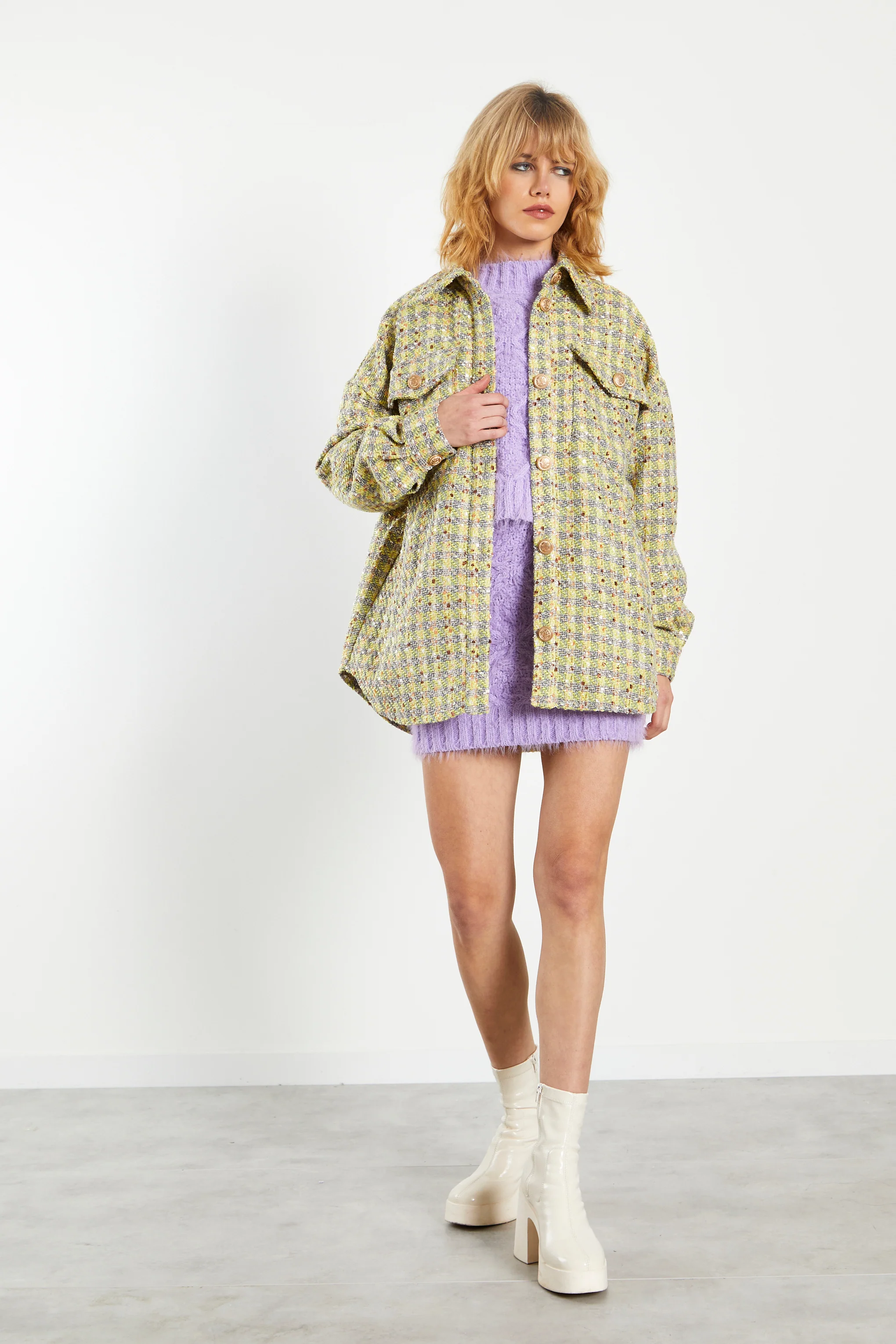 Glamorous Yellow Grey Check Tweed Oversized Shacket - Image 4