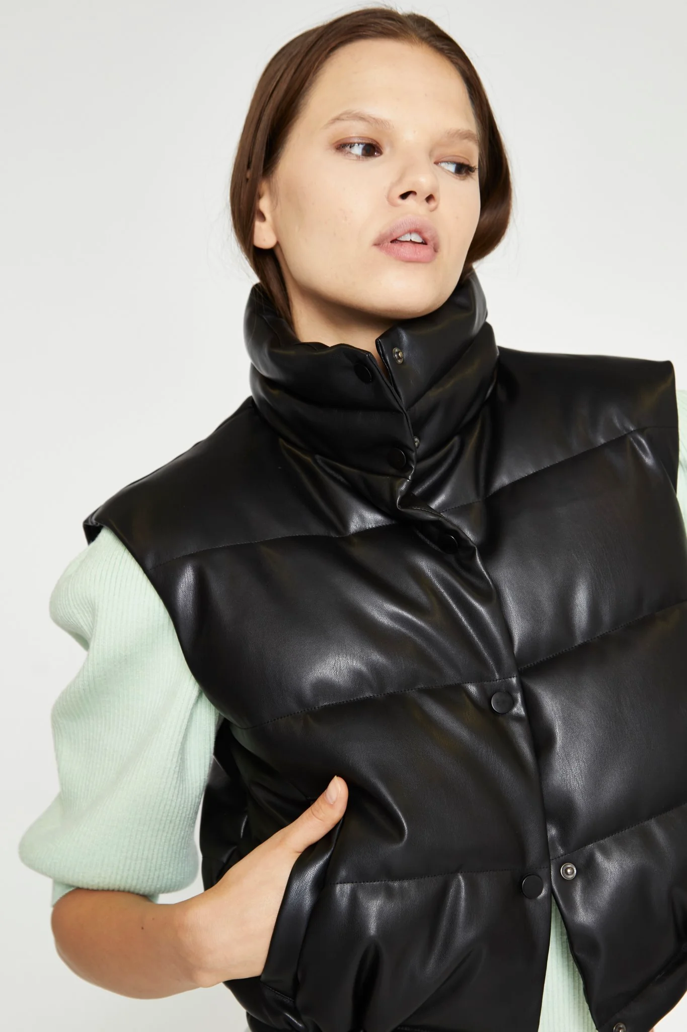 Black Pu Puffer Gilet - Image 3