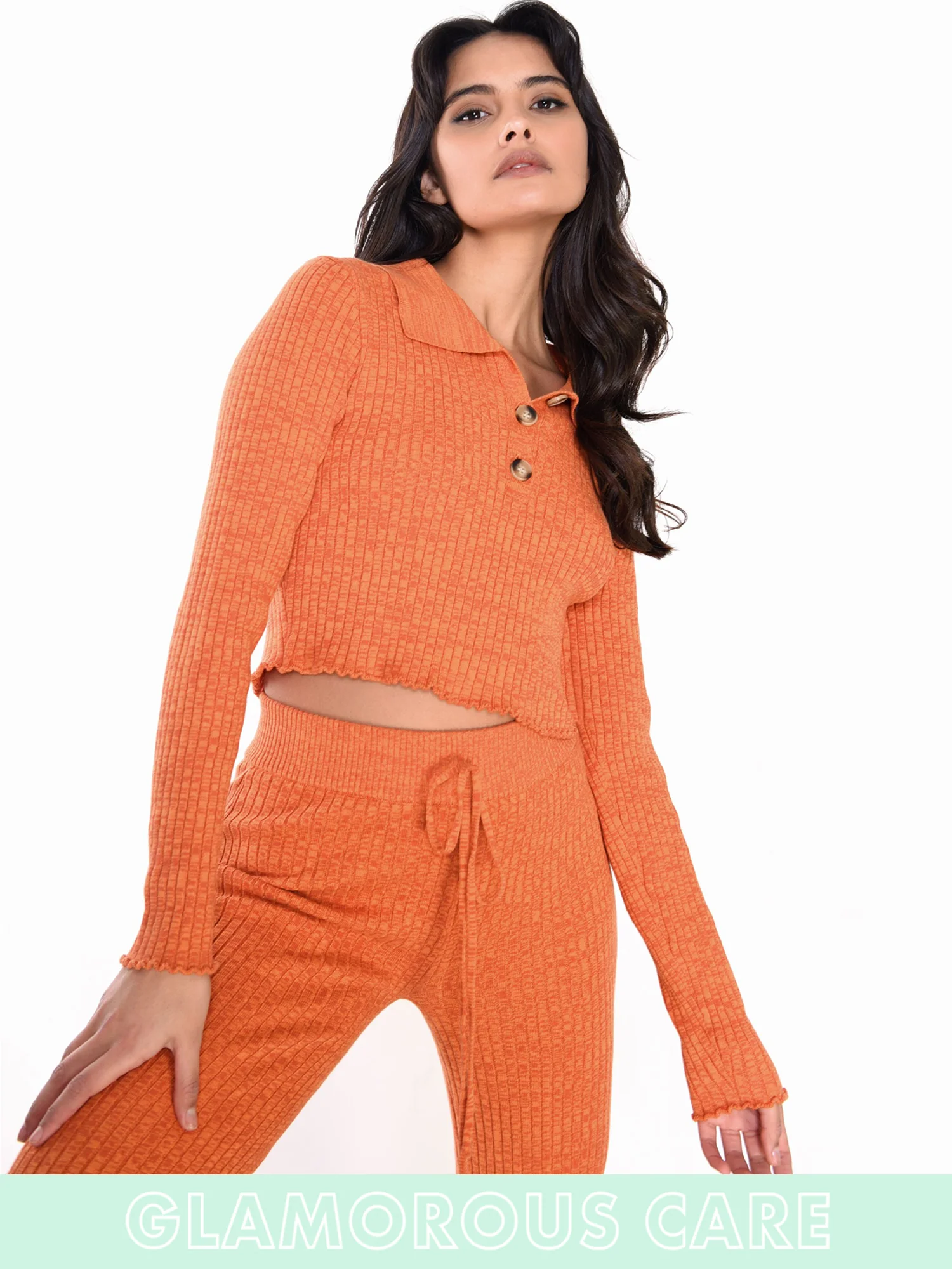 Glamorous Care Rust Melange Button Front Cropped Collar Jumper - Image 5
