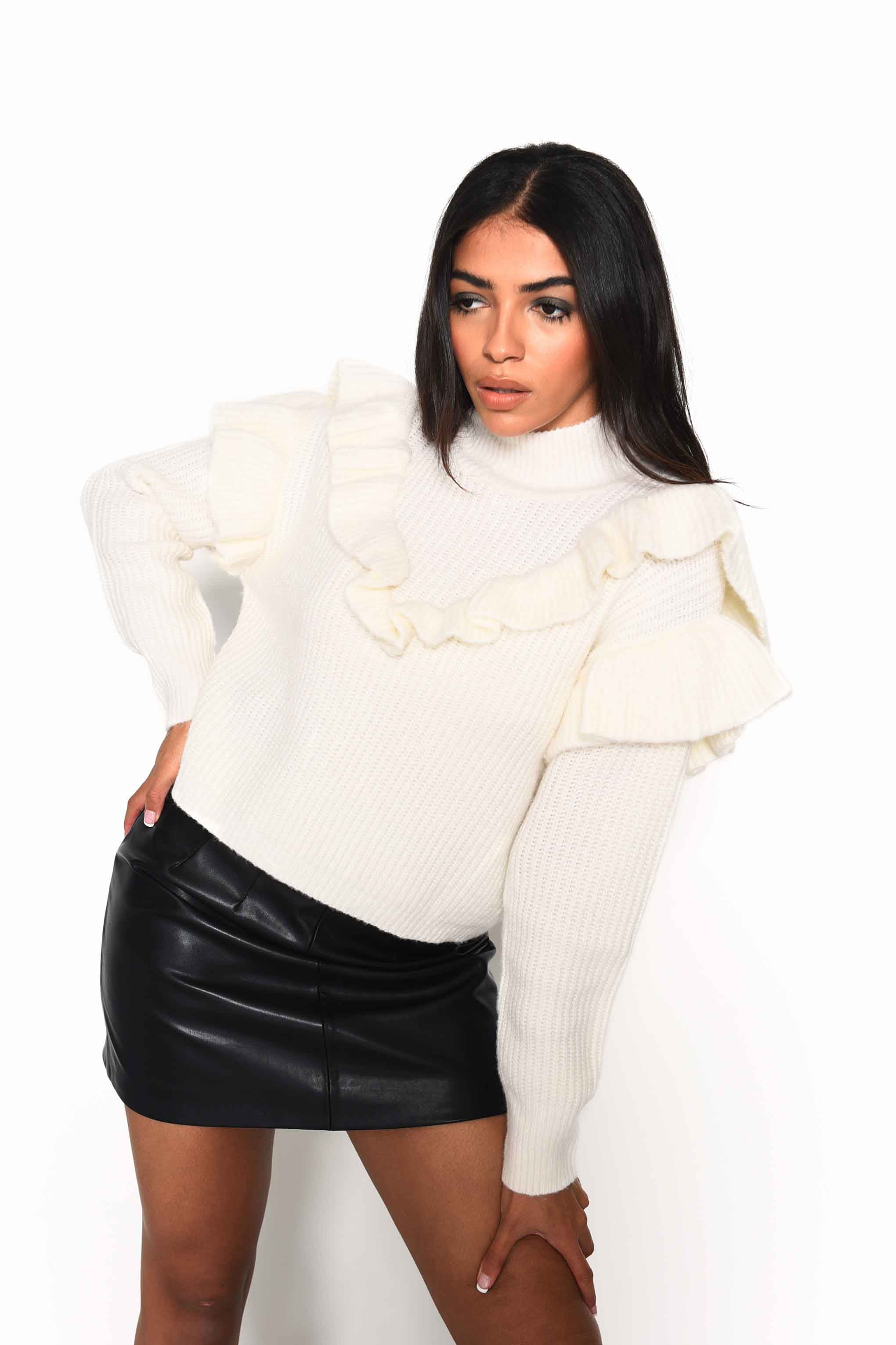 Glamorous Cream High Neck Jumper with Ruffle Detail - Image 2