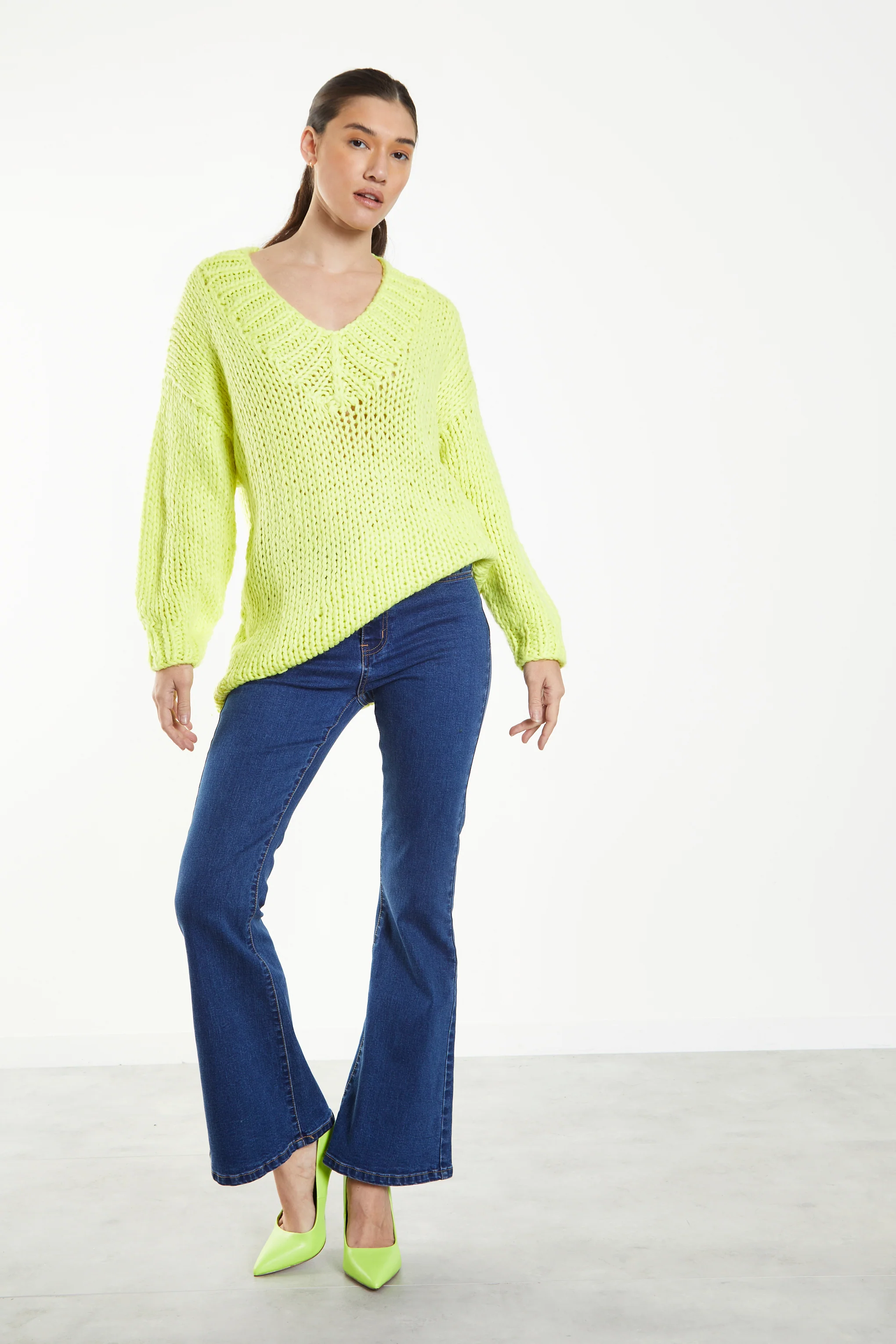 Glamorous Neon Lime Oversized V-Neck Jumper - Image 3