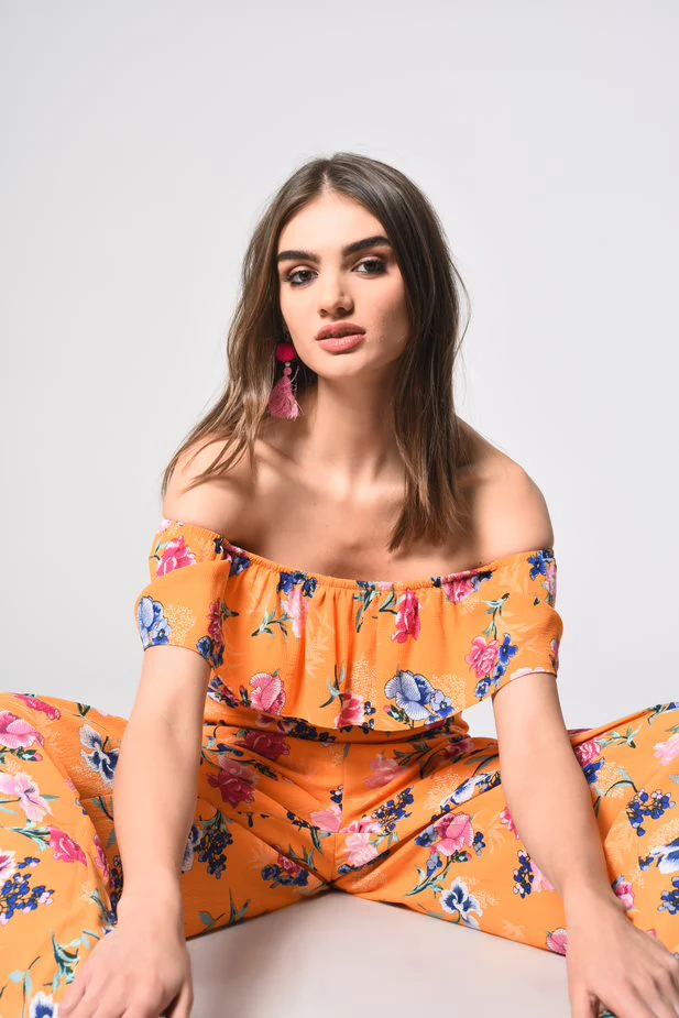 Glamorous Orange Tropical Print Bardot Jumpsuit - Image 3