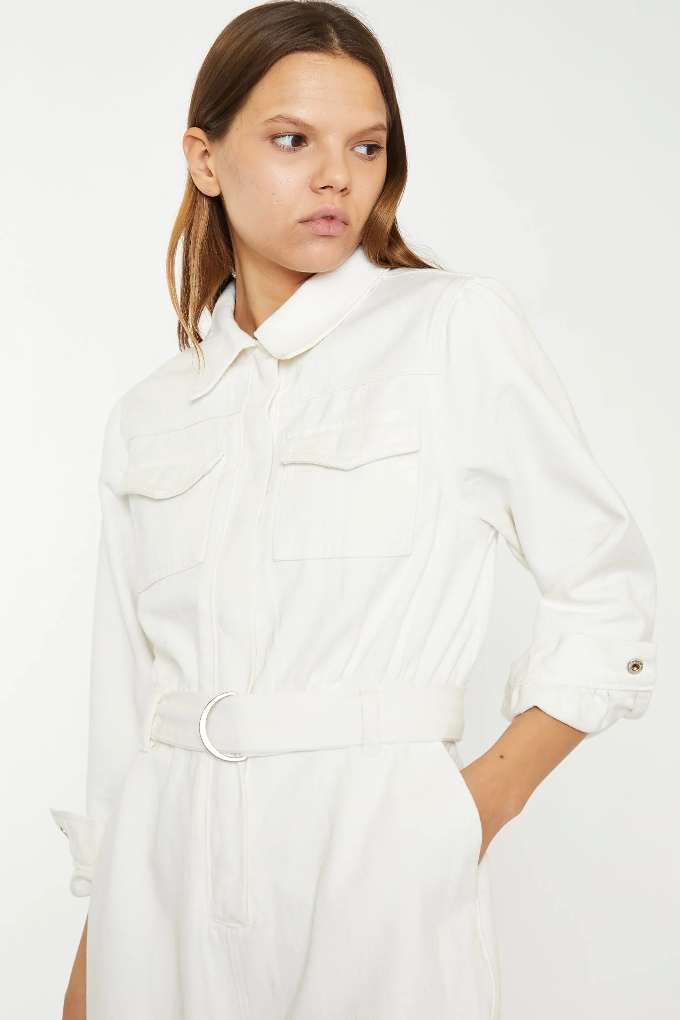 Off White Belted Denim Jumpsuit - Image 4