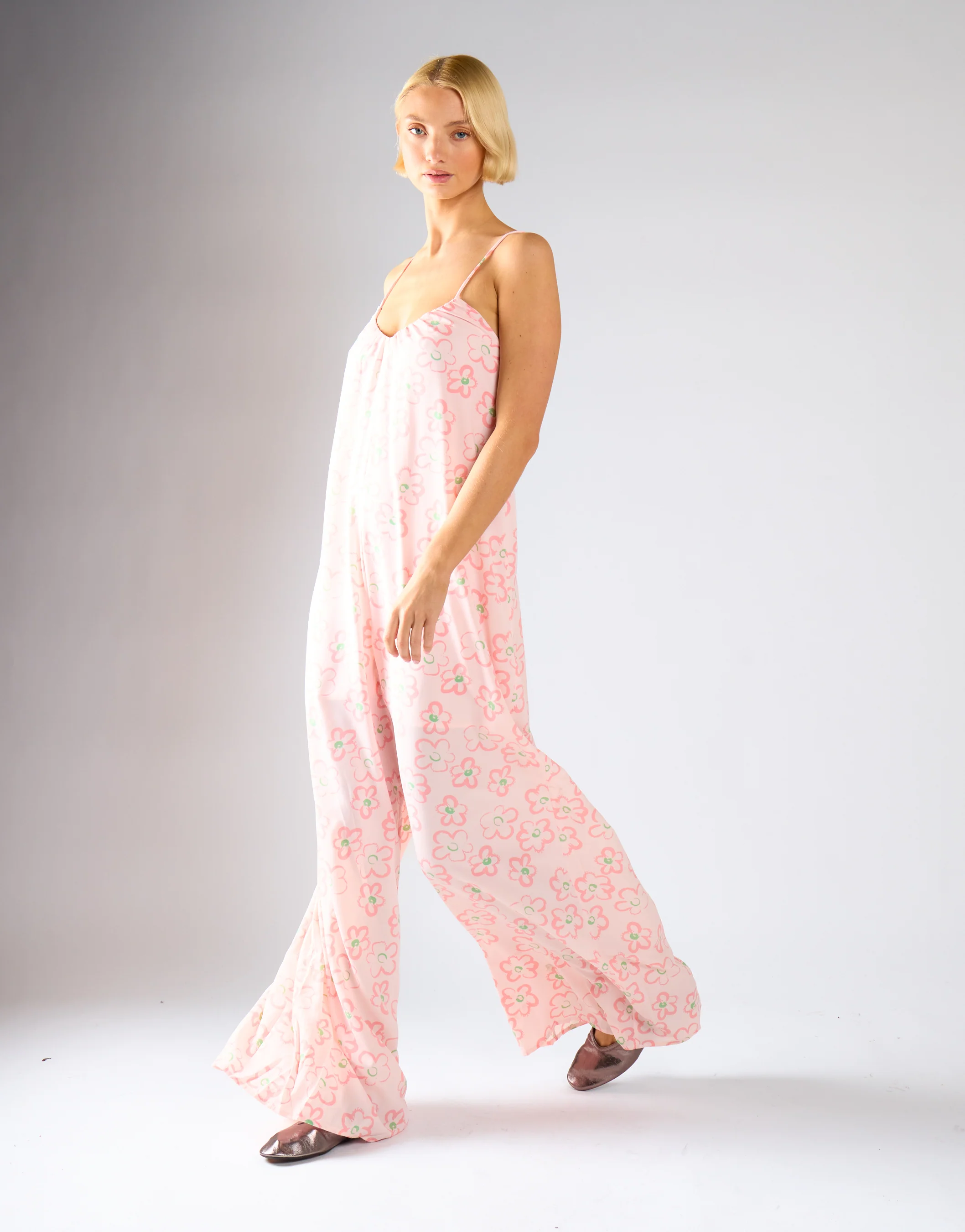 Pink Painted-Daisy Loose-Fit Lace-Up Jumpsuit - Image 2