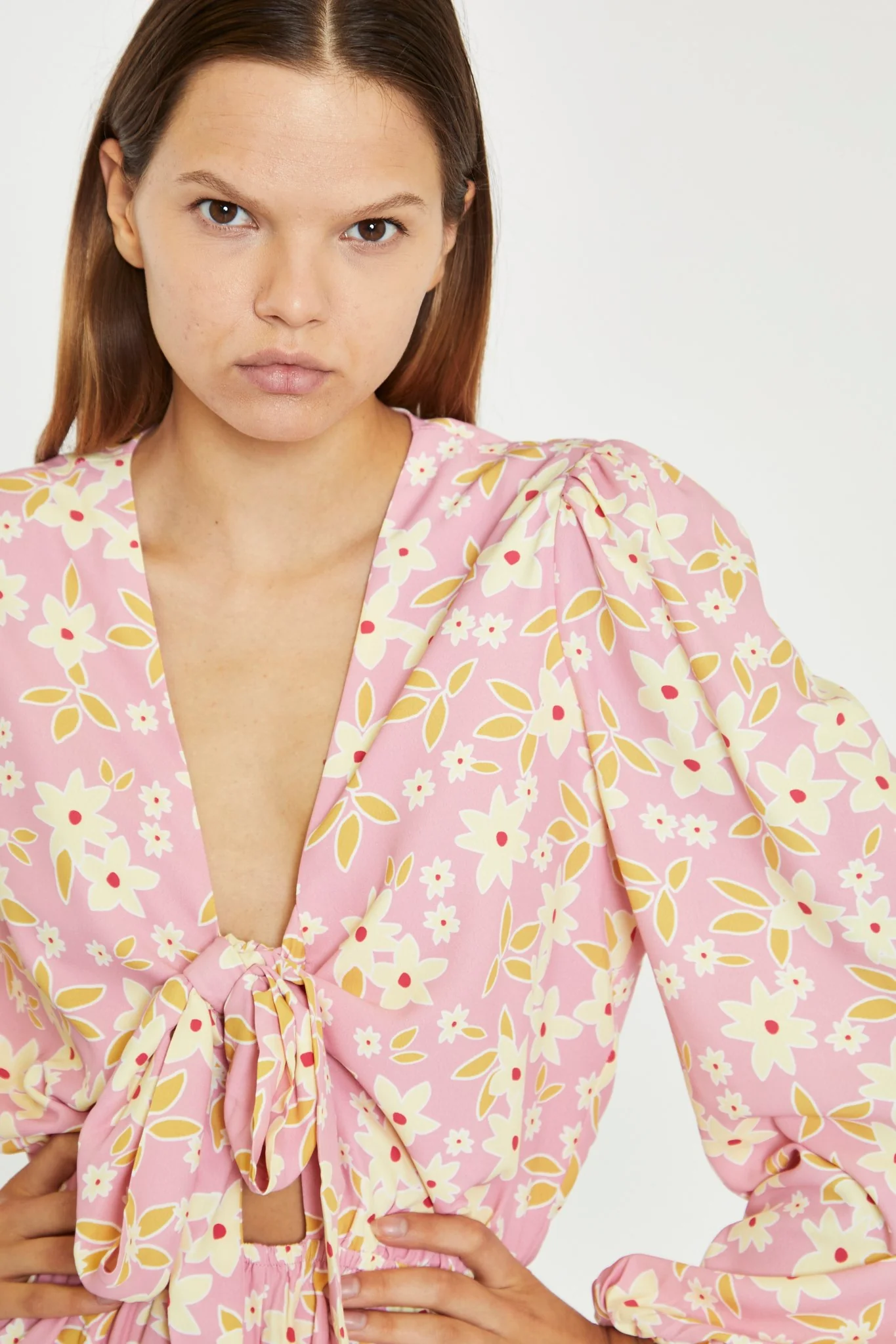 Pink-Olive-Yellow-Flower Tie-Front Plunge Playsuit - Image 4