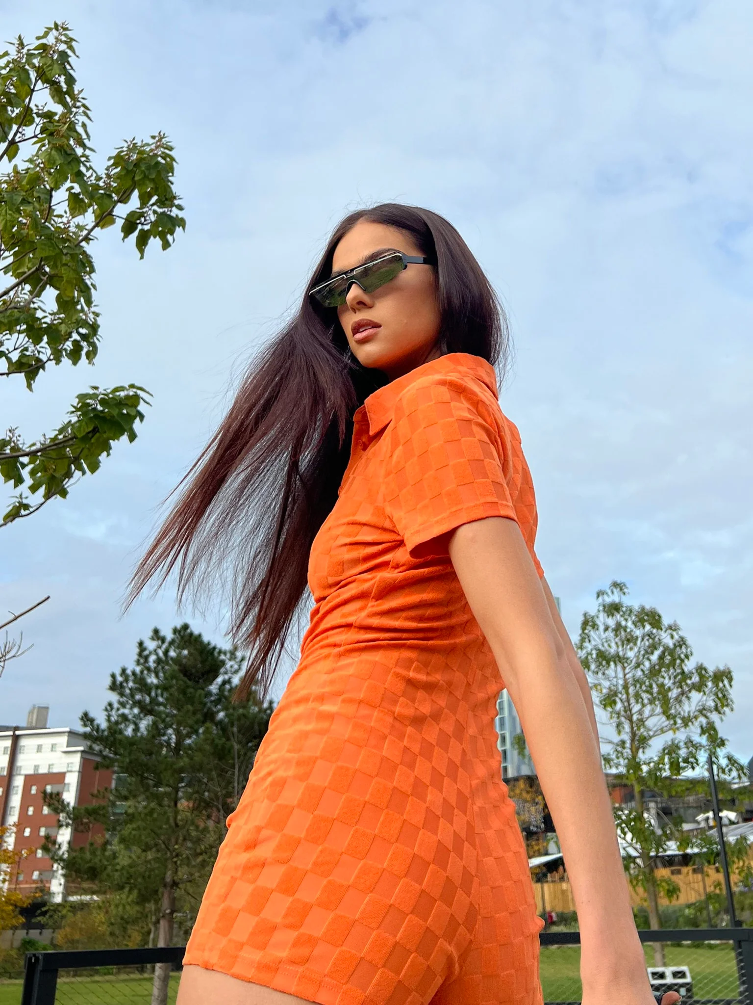 Orange Checkerboard Button Through Romper - Image 2