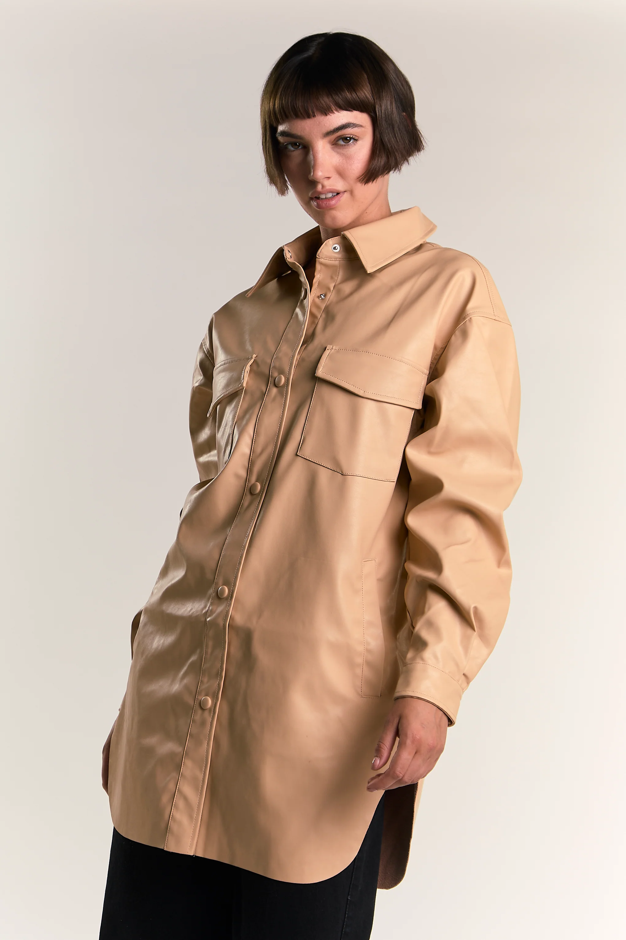 Glamorous Honey PU Button Front Shirt - Image 3