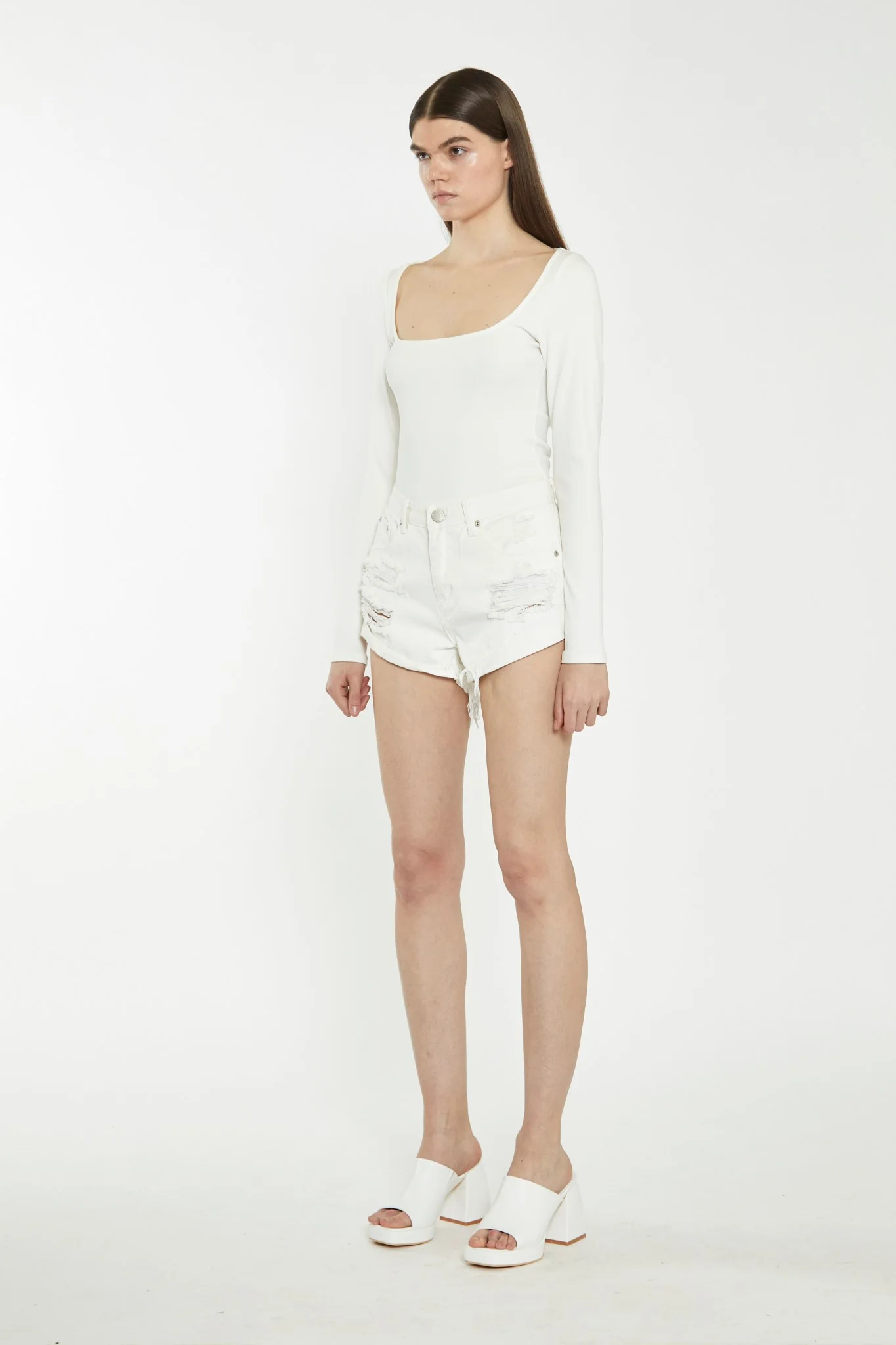 Off White Ripped Denim Shorts - Image 3
