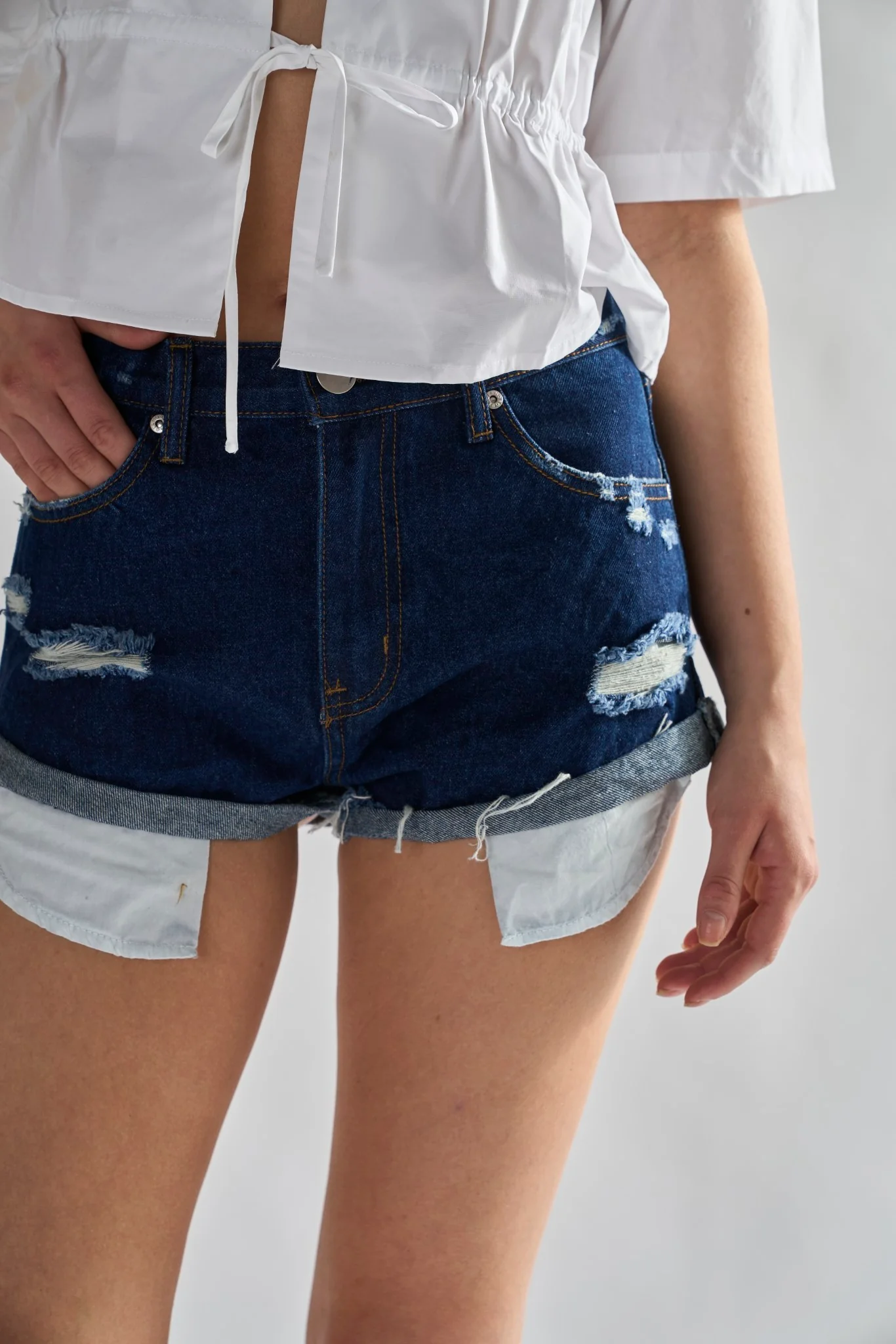 Glamorous Dark Blue Denim Distressed Shorts - Image 4