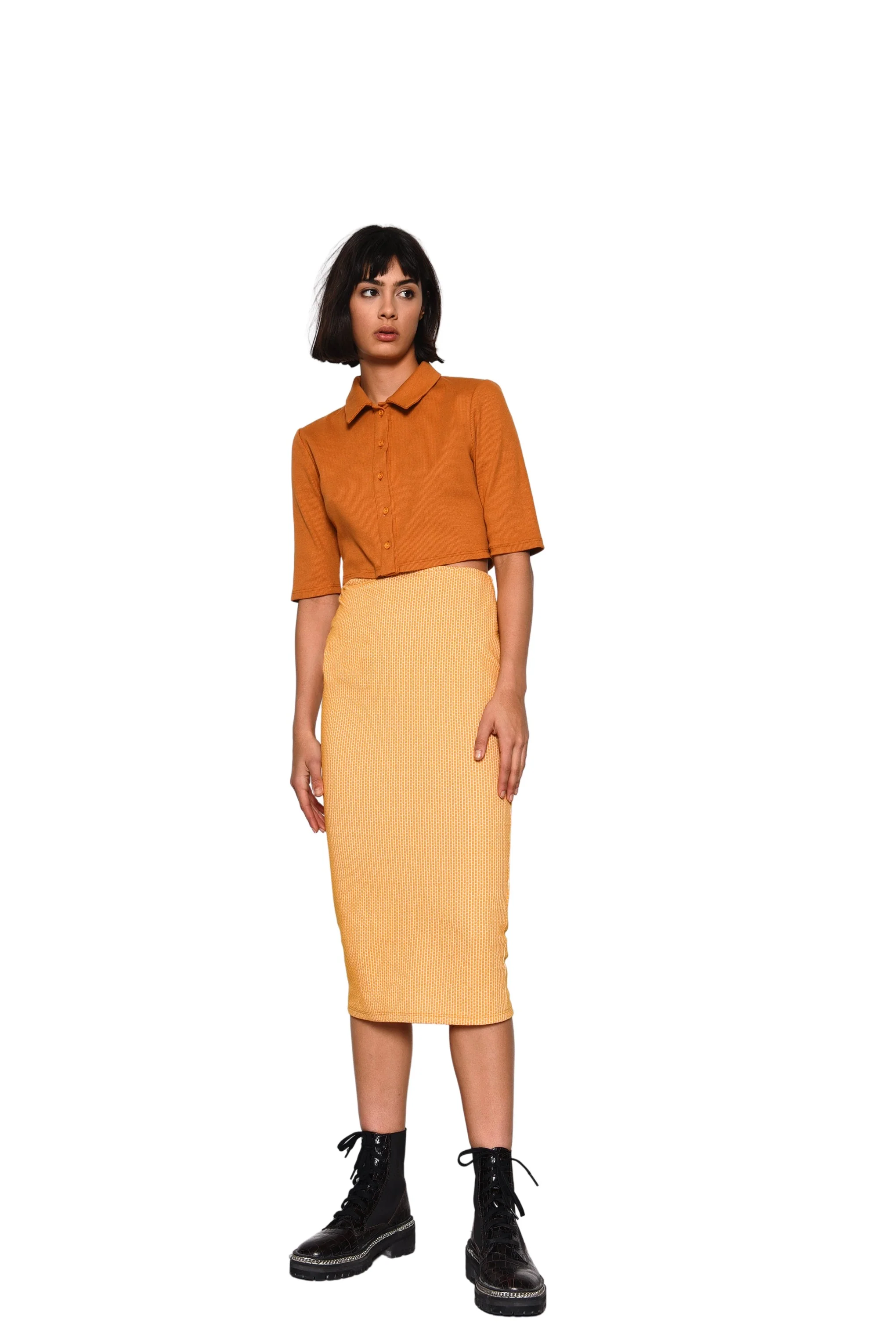 Glamorous Yellow Textured Flattering Cotton Blend Midi Skirt - Image 3