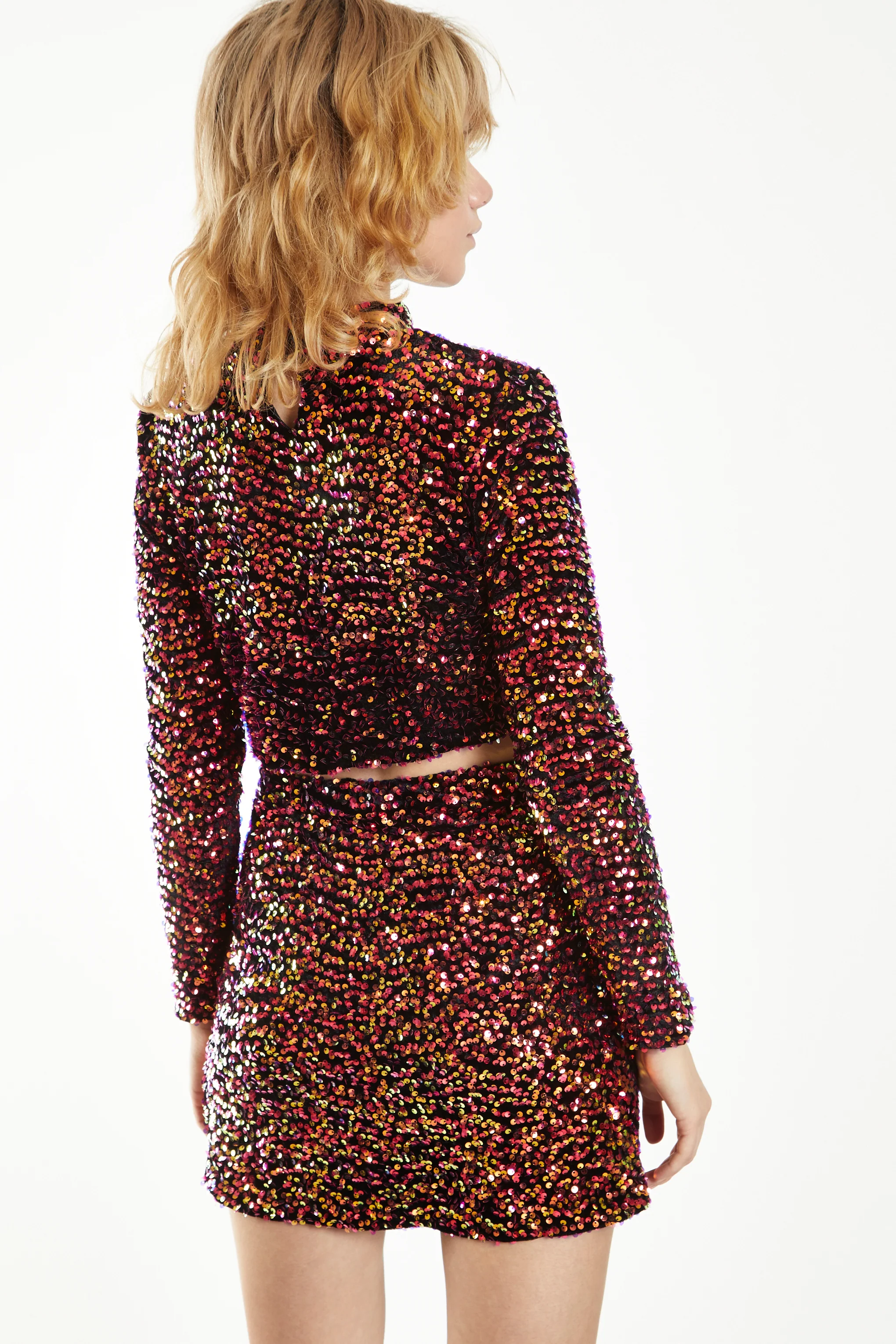 Glamorous Pink Sequin Velvet Mini Skirt - Image 2