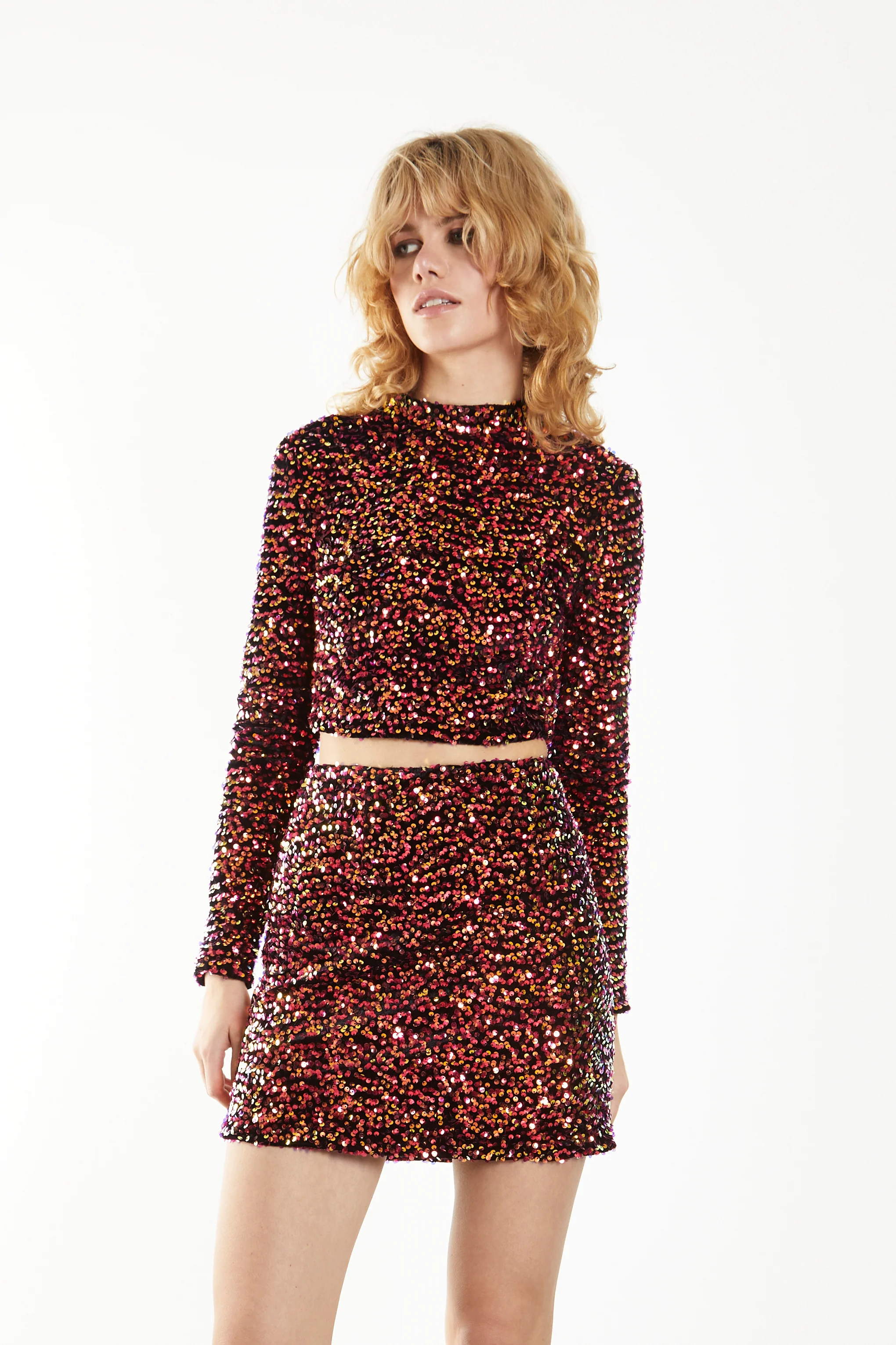 Glamorous Pink Sequin Velvet Mini Skirt - Image 3