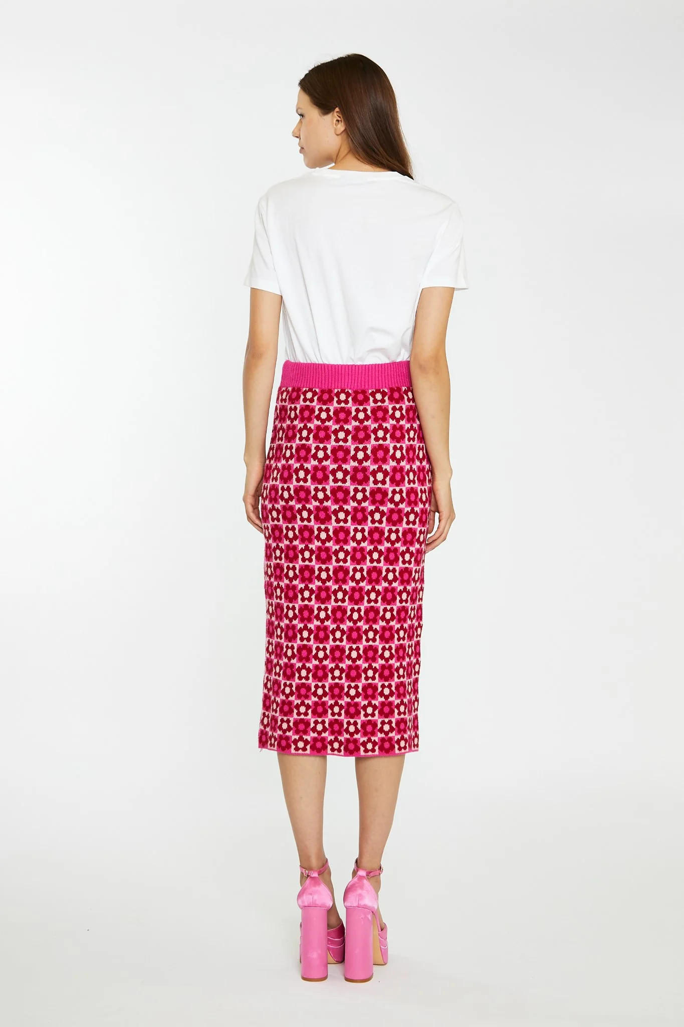 Red-Pink Flower Check Intarsia Knit Midi-Skirt - Image 2