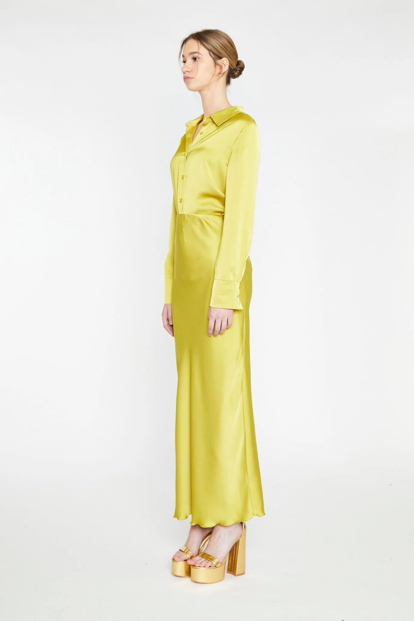 Chartreuse Satin Bias-Cut Midi-Skirt - Image 4