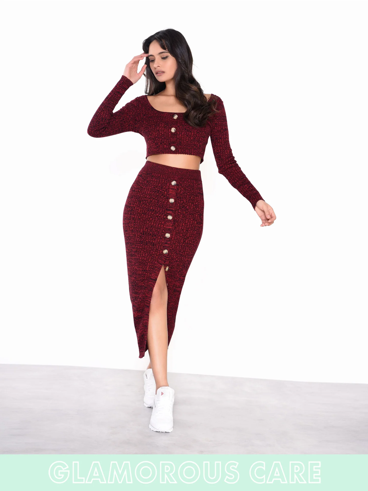 Glamorous Care Plum Melange Front Split Button Front Midi Skirt - Image 5