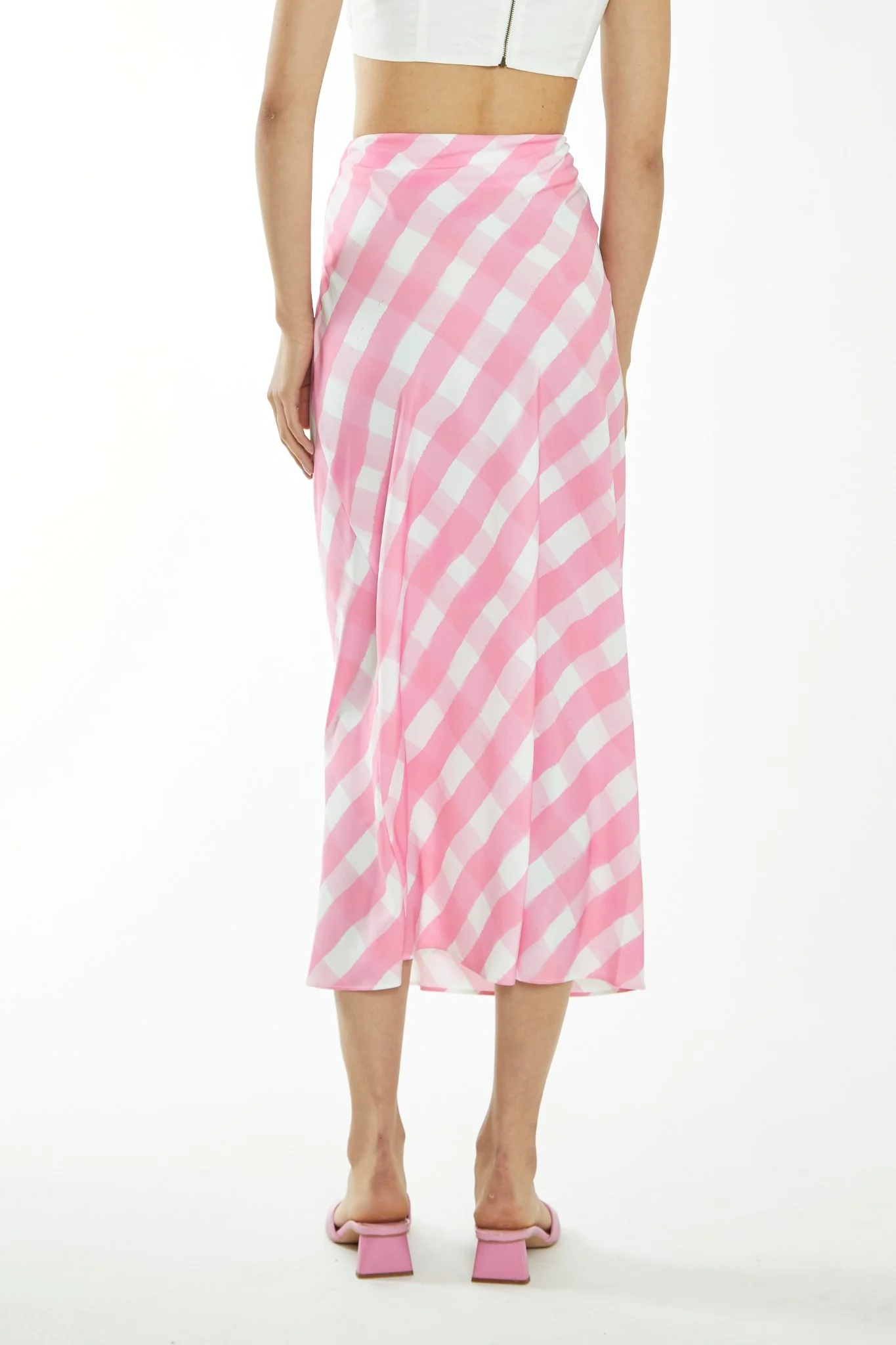 Pink Watercolour-Gingham Bias-Cut Midi-Skirt - Image 2