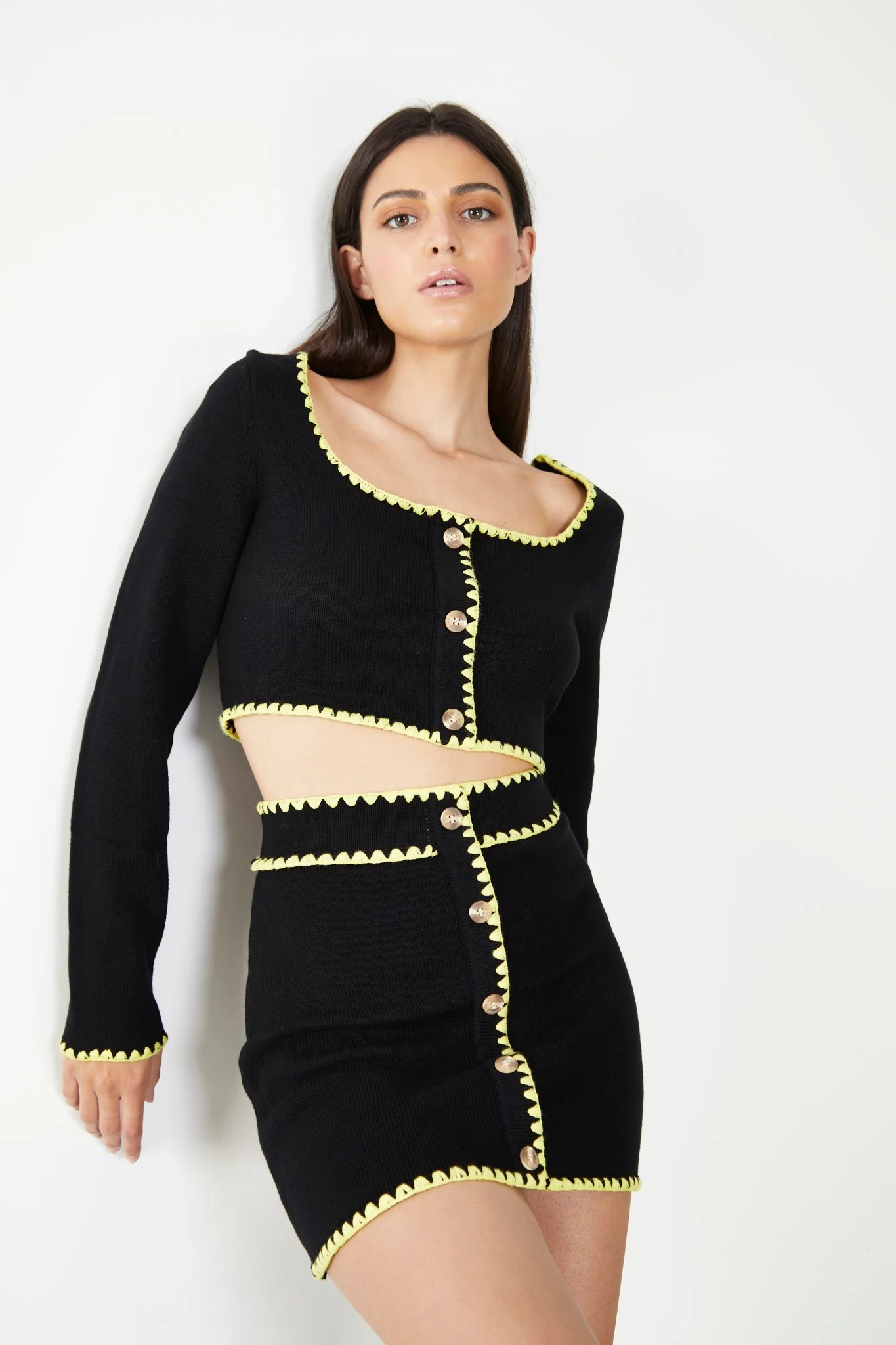 Glamorous Care Black Button Up Mini Skirt with Yellow Scalloped Trim - Image 4