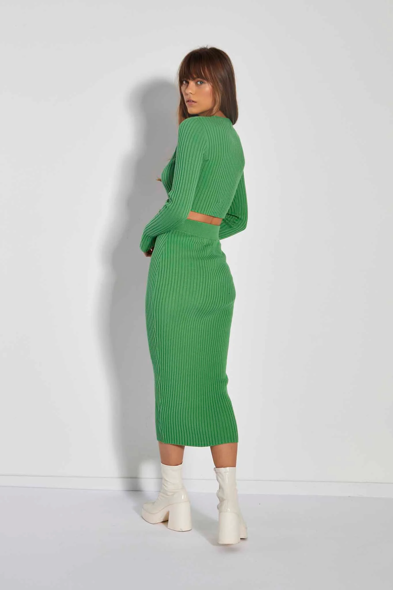 Glamorous Care Apple Green Rib Knit Midi Pencil Skirt - Image 2