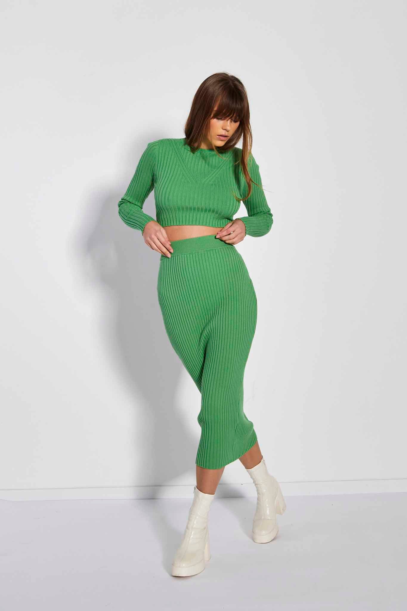 Glamorous Care Apple Green Rib Knit Midi Pencil Skirt - Image 3