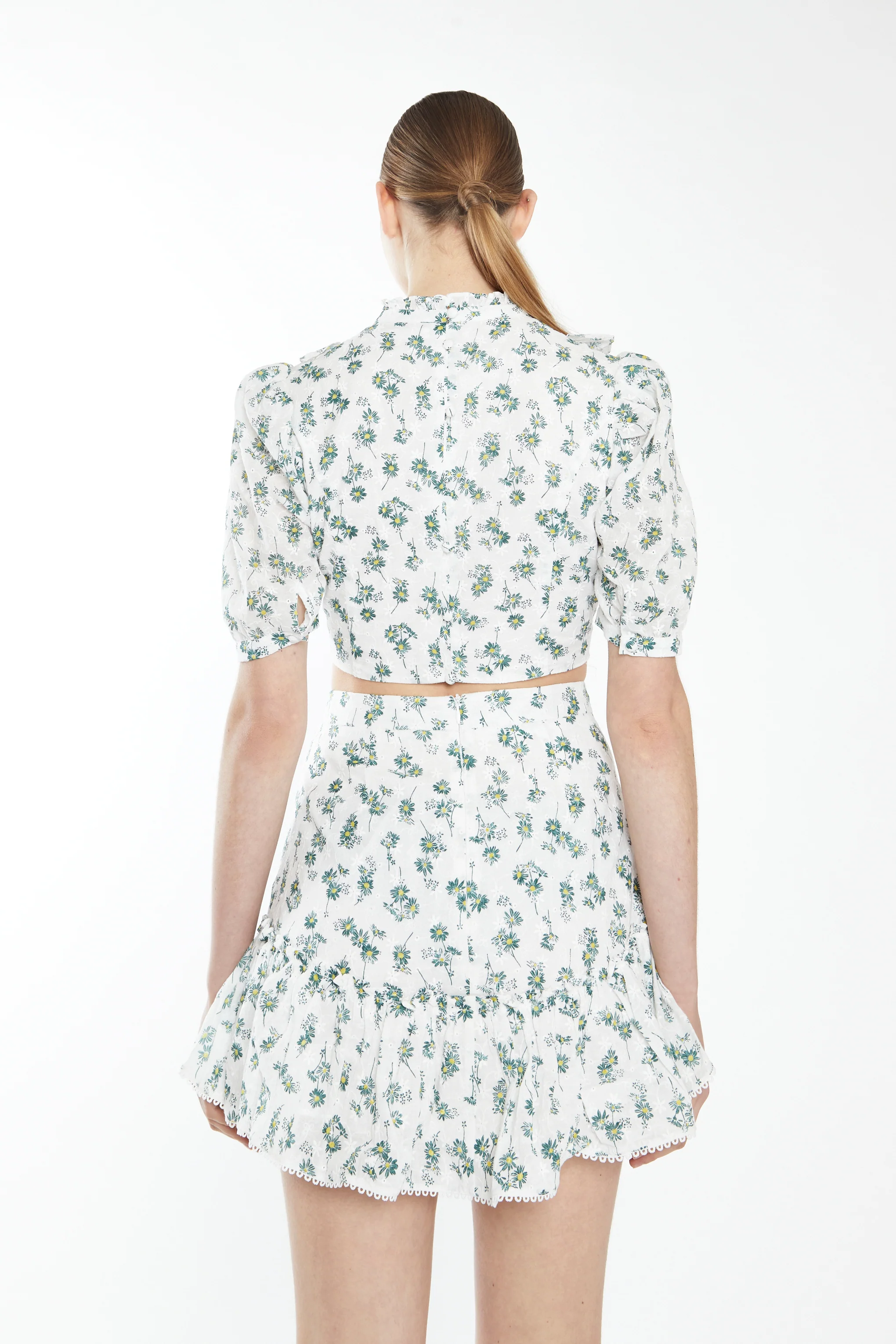 Glamorous White Dark Green Broderie Mini Skirt with Ruffle - Image 2
