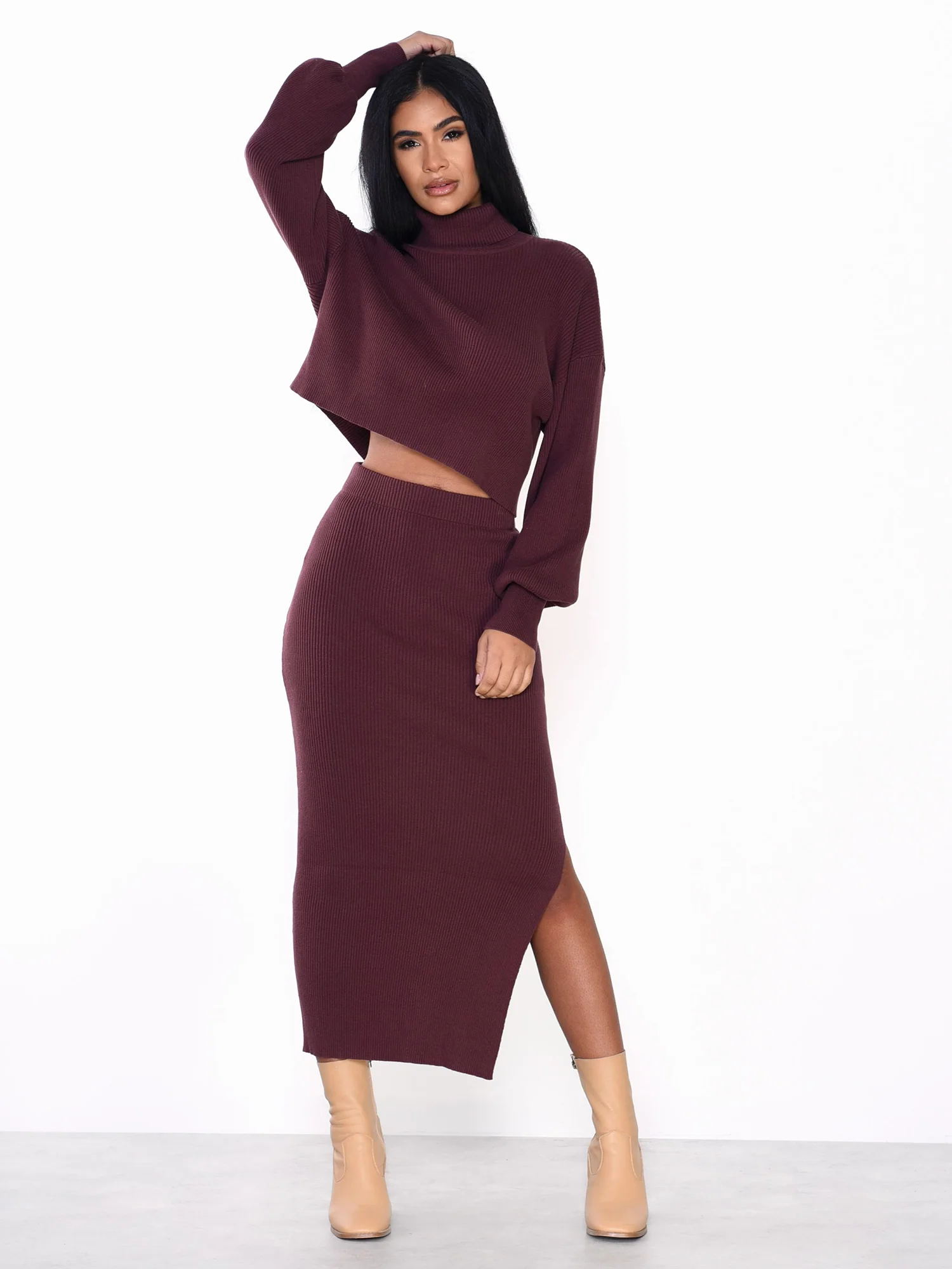 Glamorous Chocolate Plum Side Split Knit Midi Skirt - Image 3