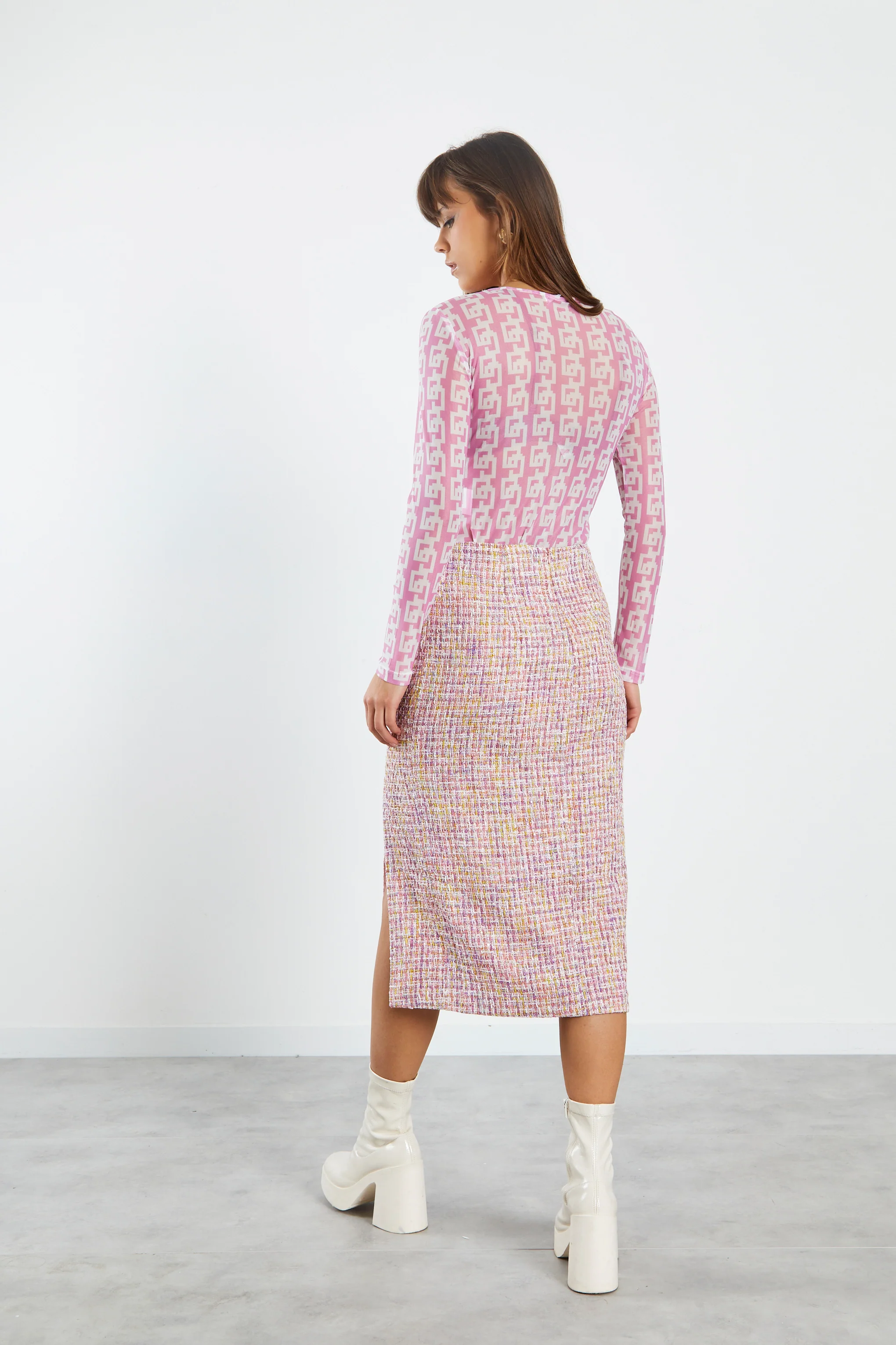 Glamorous Pink Multi Tweed Midi Skirt with Side Split - Image 2