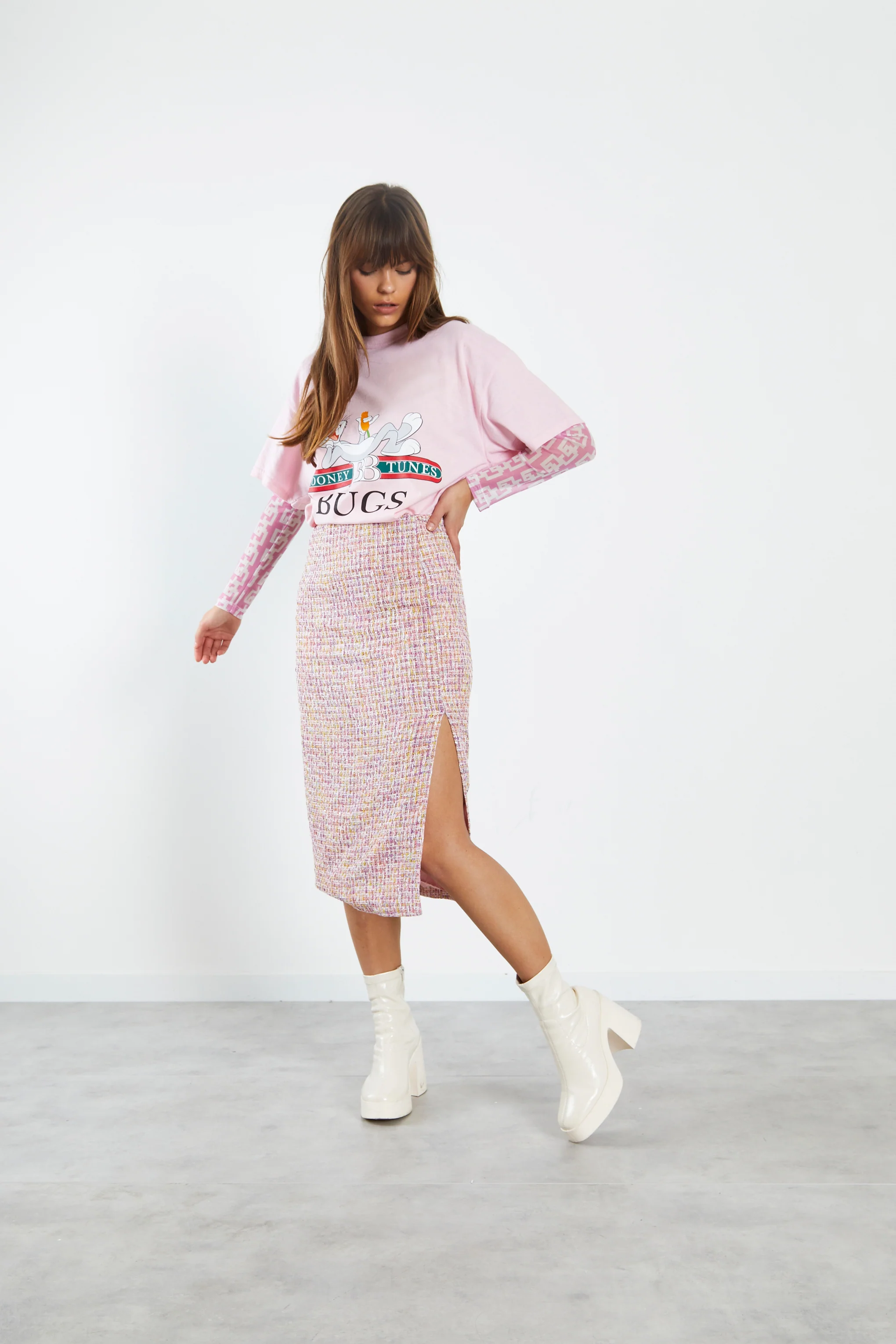 Glamorous Pink Multi Tweed Midi Skirt with Side Split - Image 3