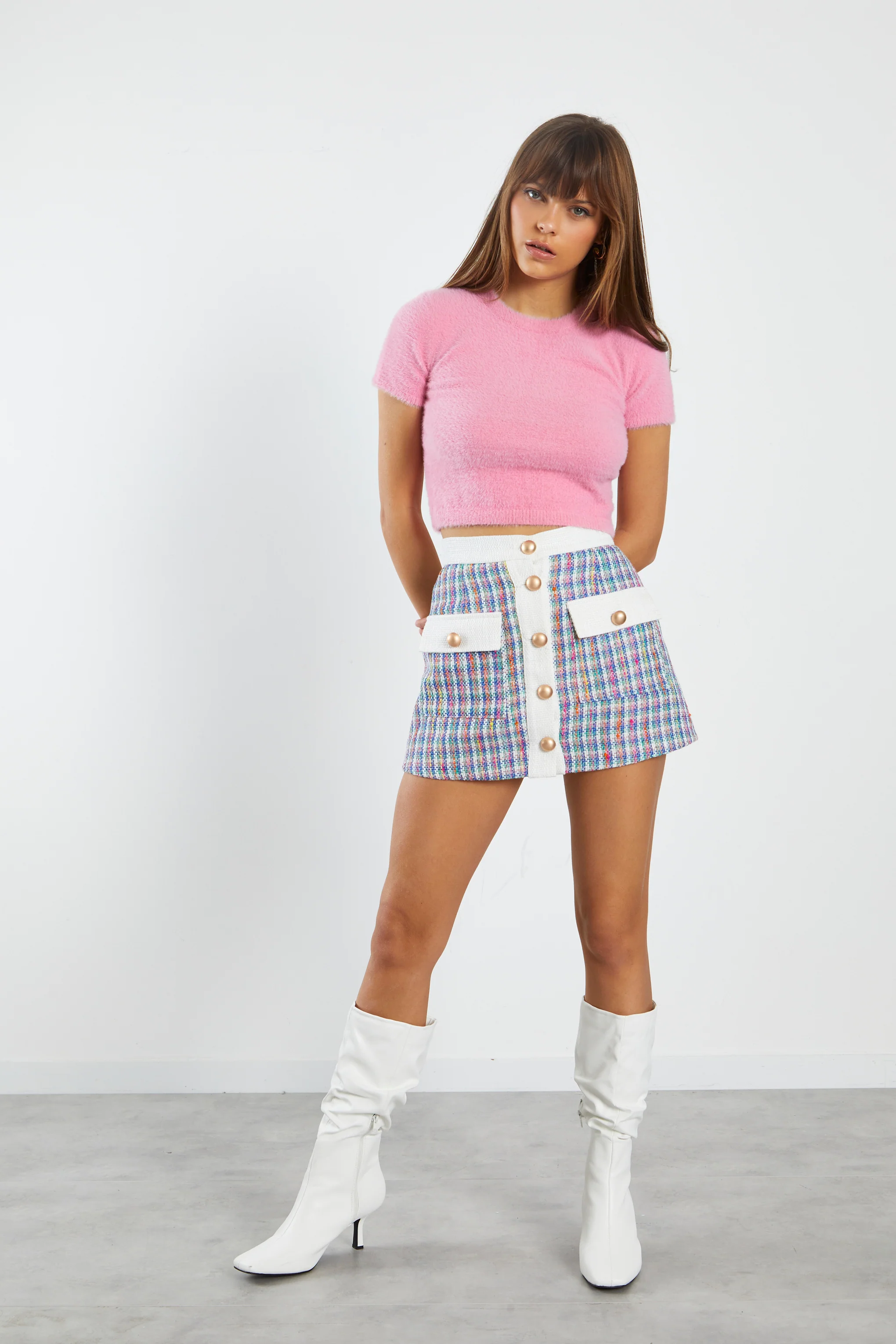 Glamorous Multi Tweed White Mini Skirt with Contrast Pockets & Waistband - Image 3