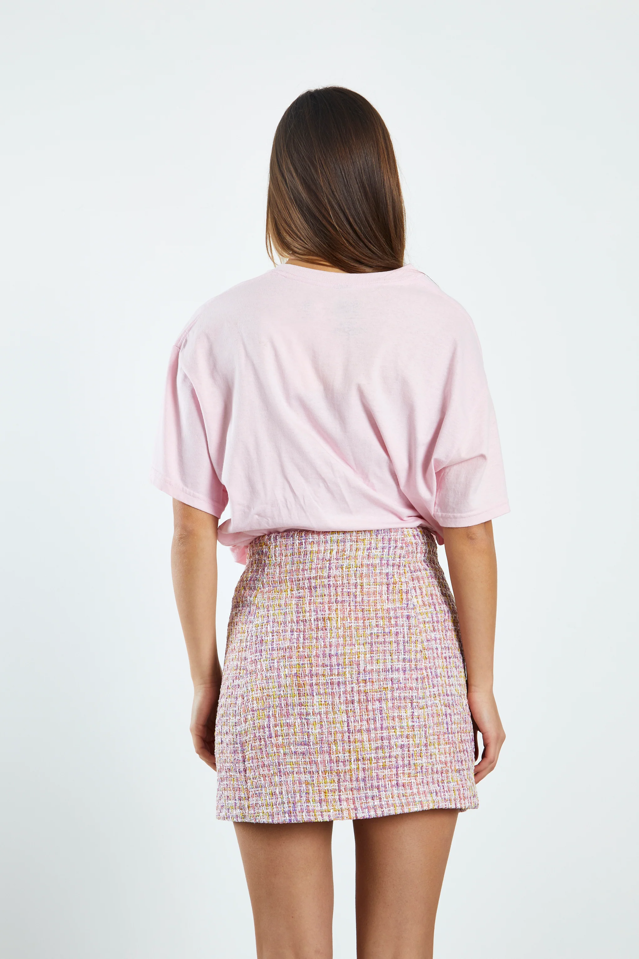 Glamorous Pink Multi Tweed White High Waisted Mini Skirt with Contrast Pockets - Image 2