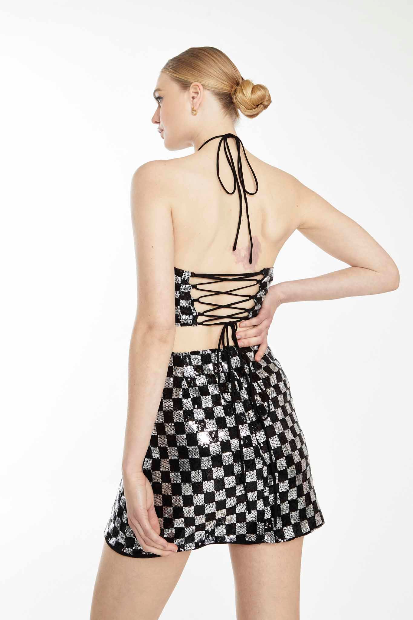 Glamorous Black Silver Check Sequin Mini Skirt - Image 2