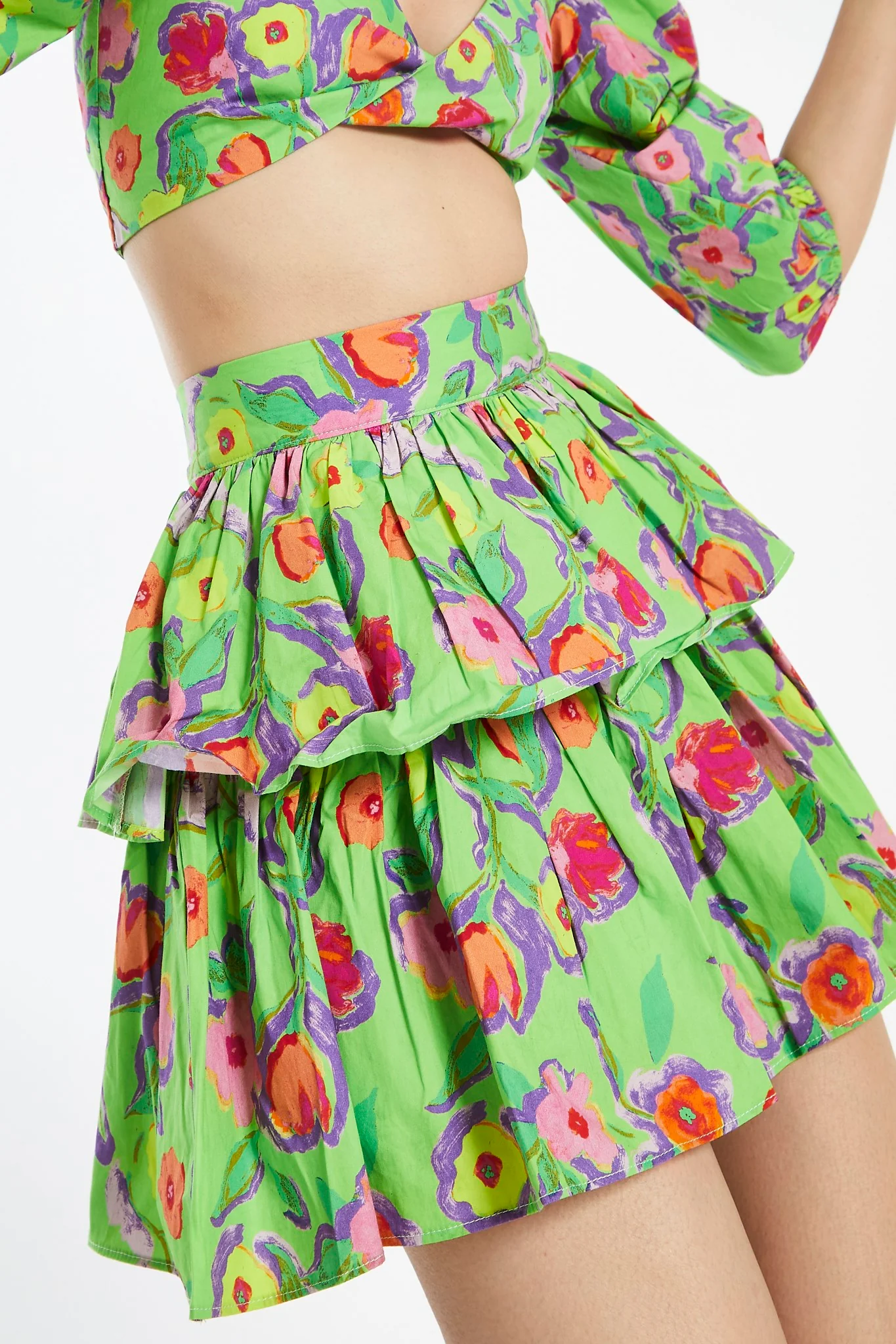 Neon-Green Floral Tiered Ruffle Mini-Skirt - Image 2