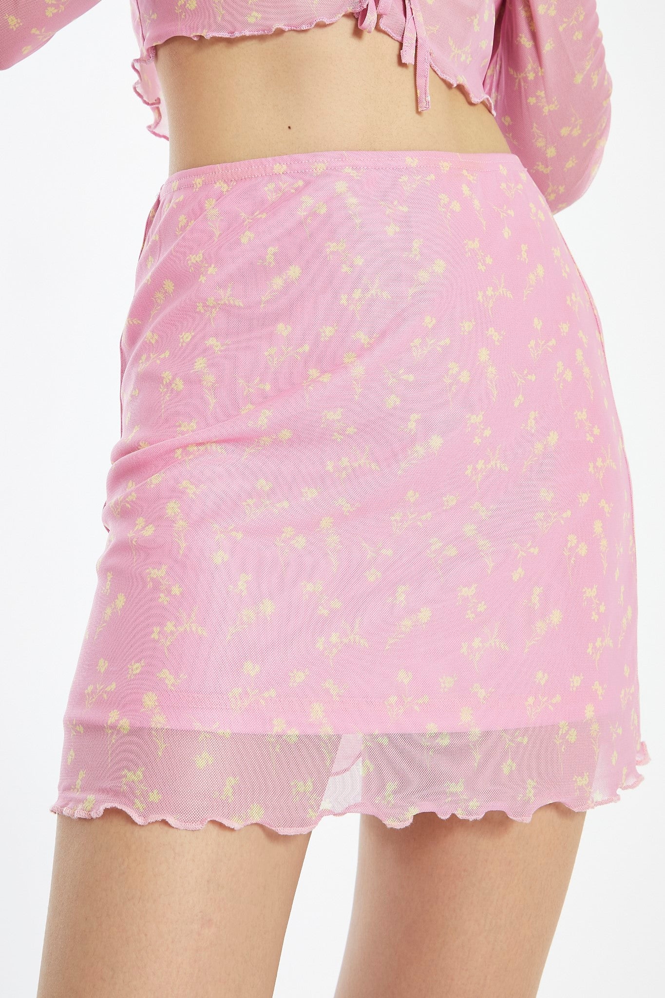 Candy-Pink Floral Mesh Lettuce Hem Mini-Skirt - Image 3