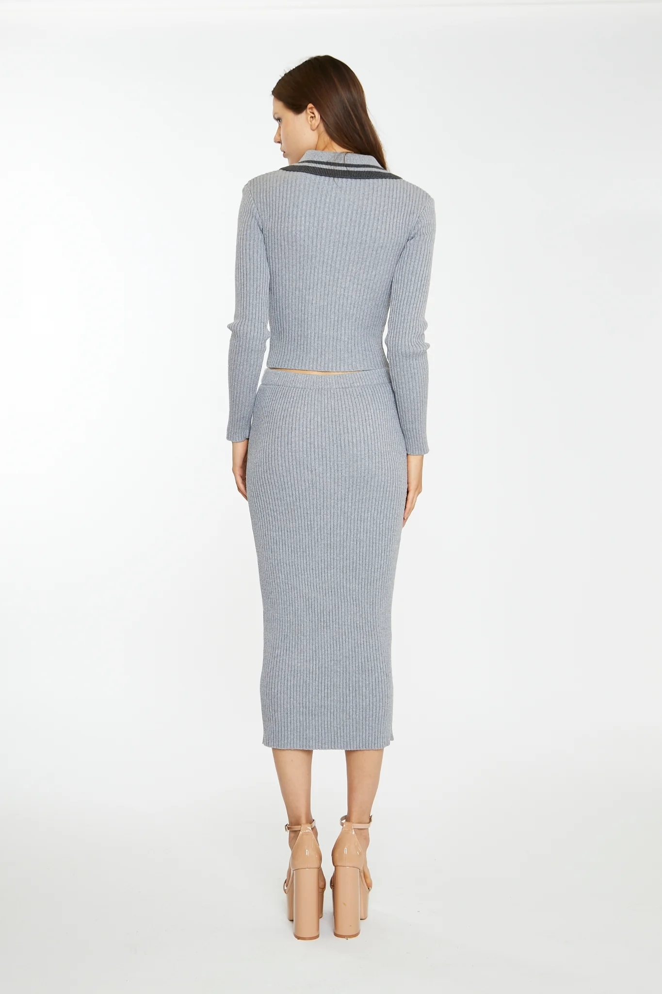 Grey-Marl Rib-Knit Midi-Skirt - Image 2