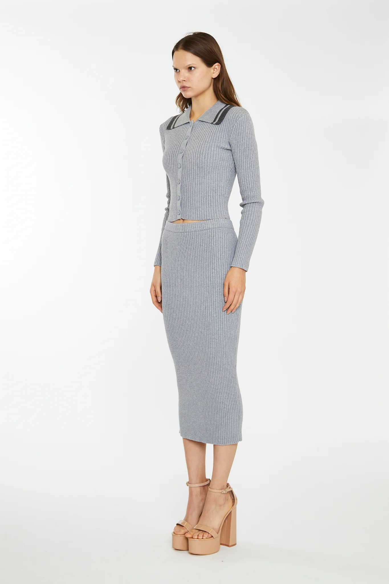 Grey-Marl Rib-Knit Midi-Skirt - Image 4