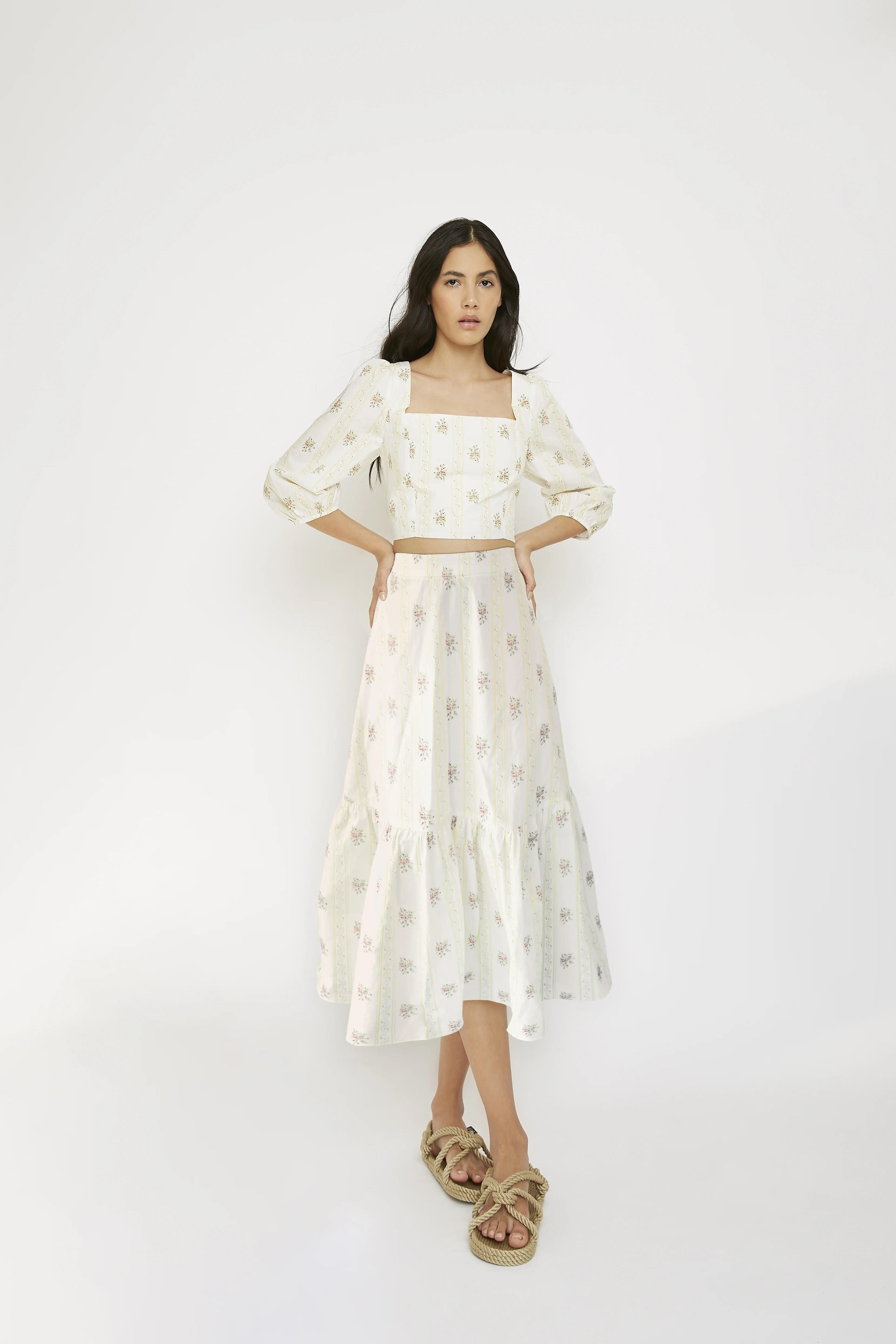 Glamorous Yellow Stripe Flower Ruffle Midi Skirt - Image 3