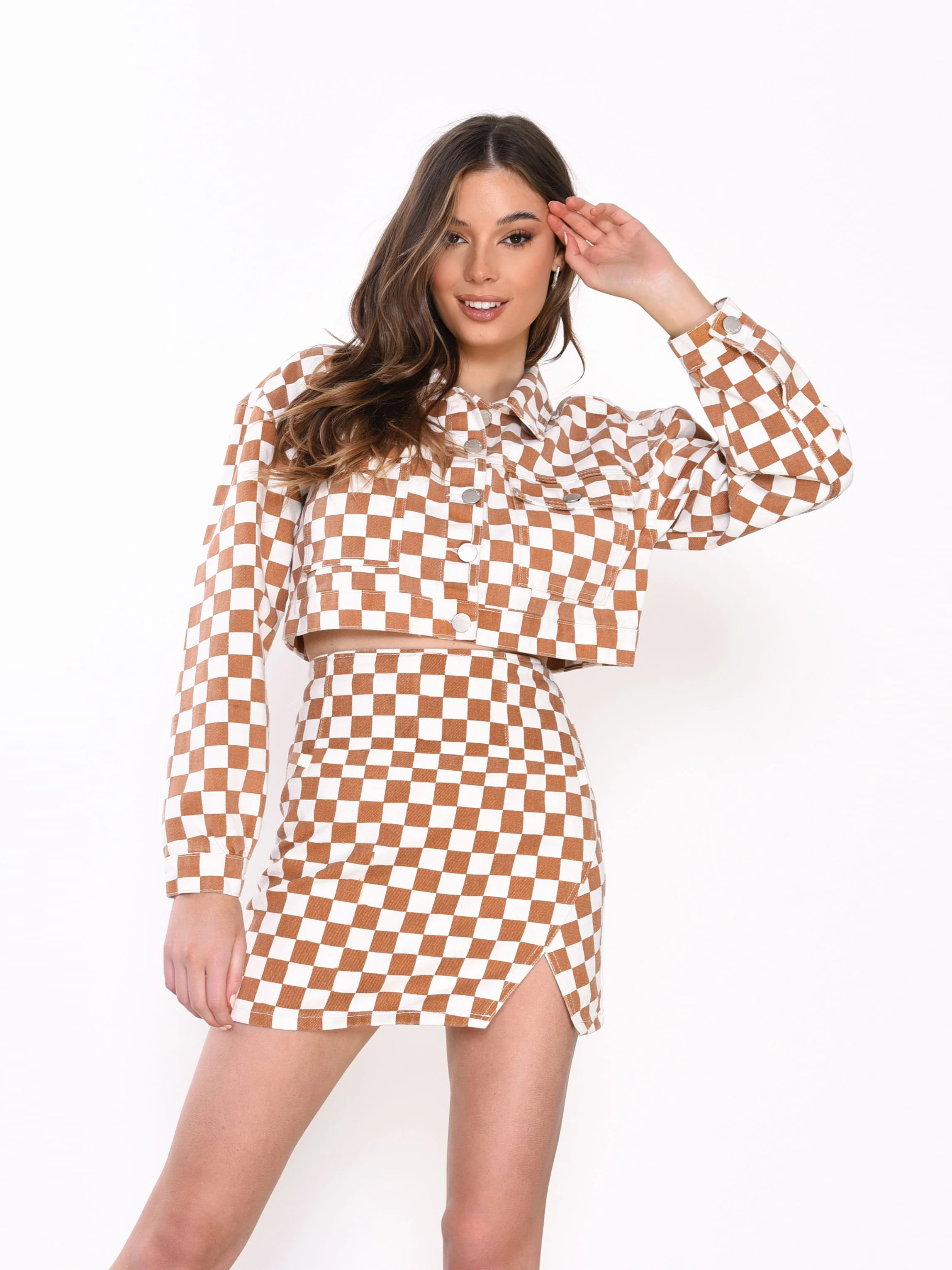 Glamorous Tan Checkerboard Side Split Mini Skirt - Image 5