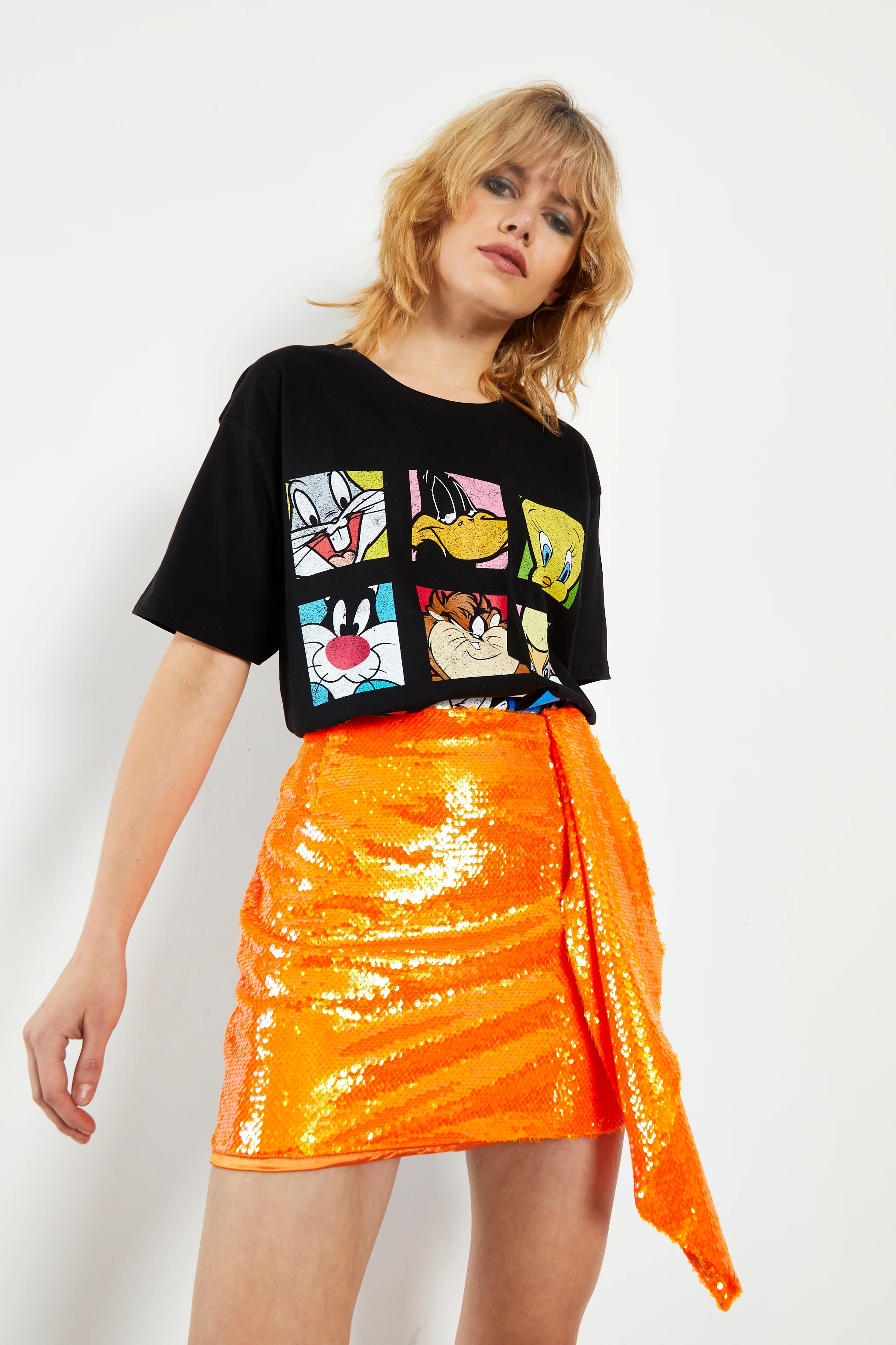 Glamorous Orange Sequin Mini Skirt with Asymmetric Drape Detail - Image 4
