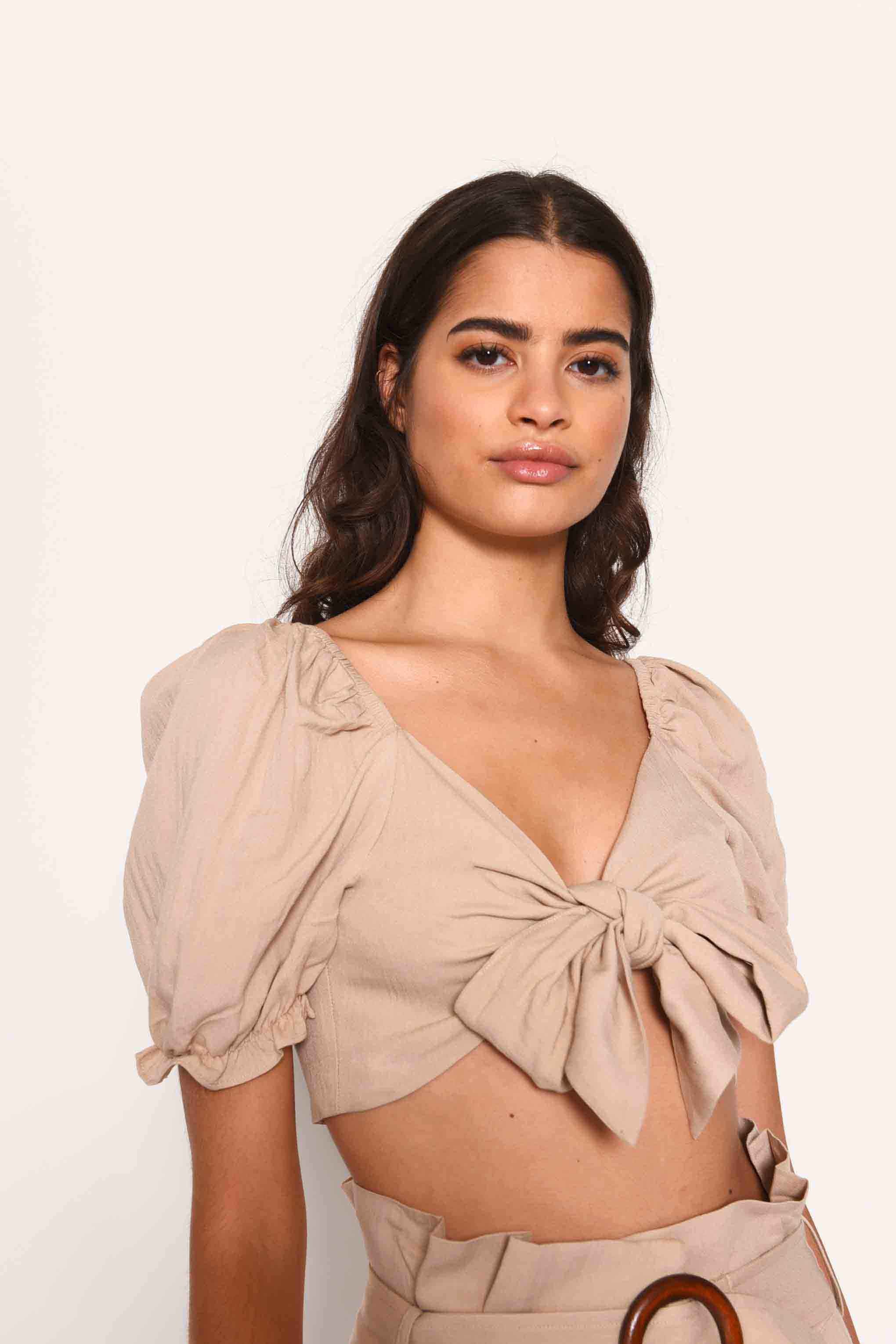 Glamorous Stone Tie Front Puff Sleeve Crop Top