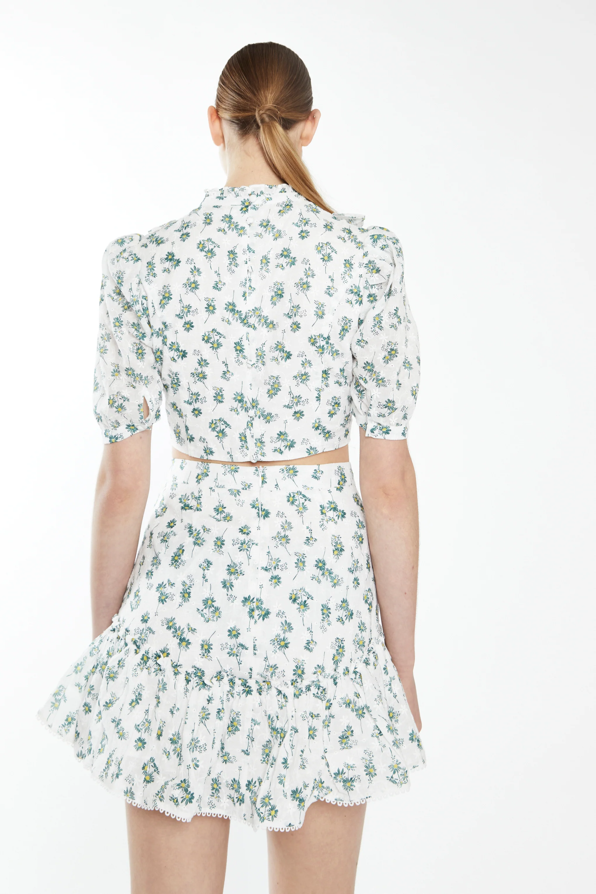 Glamorous White Dark Green Broderie High Neck Crop Top with Ruffle Detail - Image 2