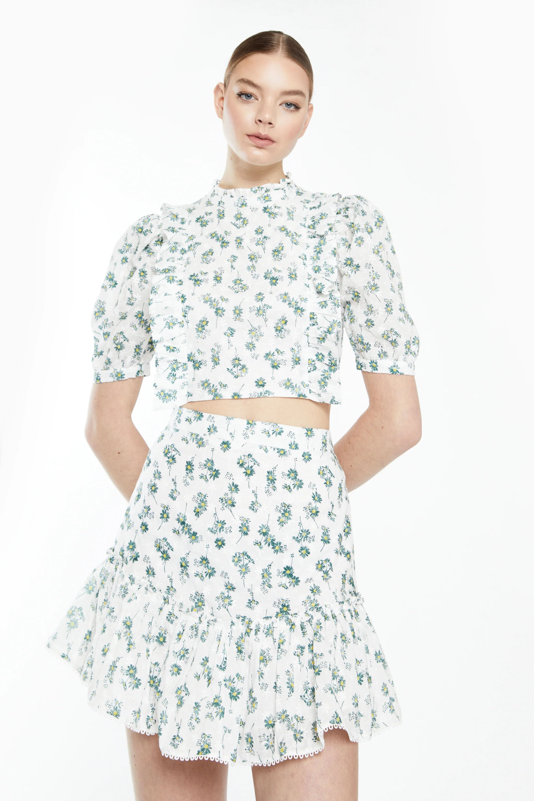 Glamorous White Dark Green Broderie High Neck Crop Top with Ruffle Detail - Image 3