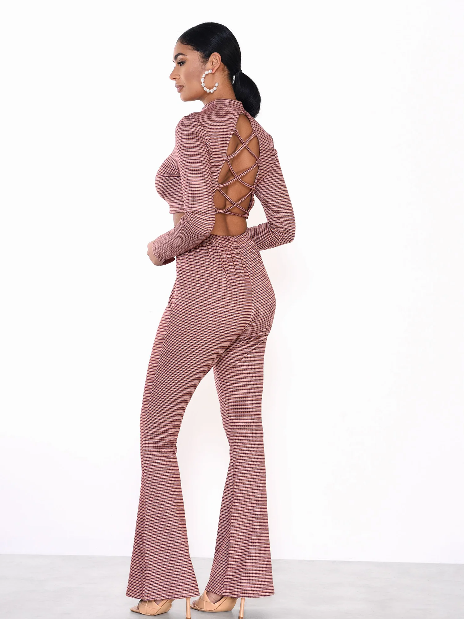 Glamorous Burgundy Tan Geo Print Lace Back Crop Top - Image 3