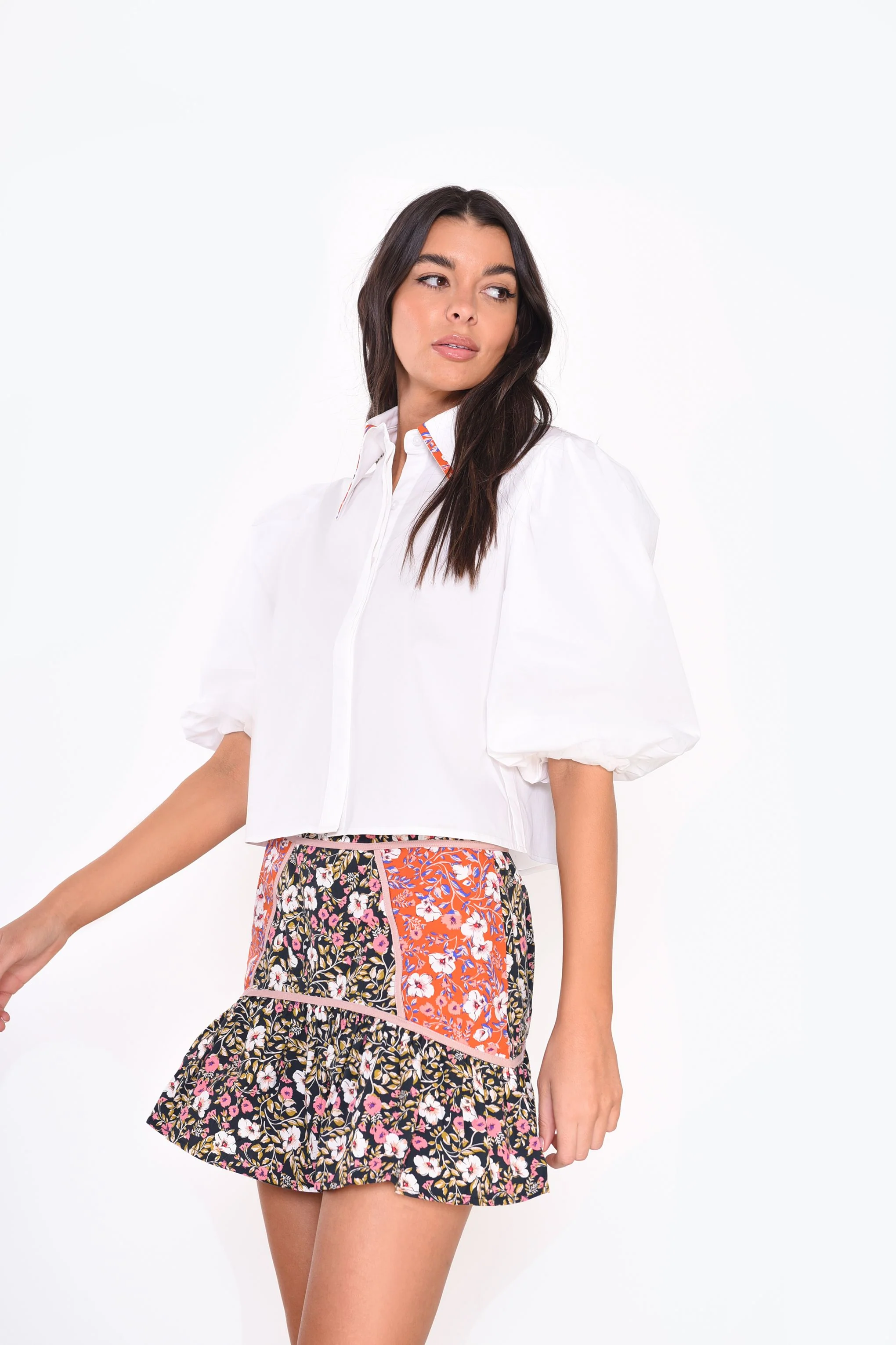 Glamorous White Puff Shoulder Short Sleeve Collar Shirt - Image 3